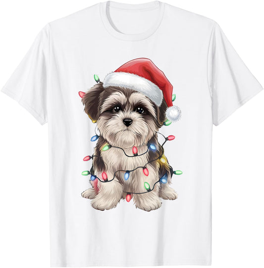 Morkie Santa Christmas Lights Xmas Dog Lover Xmas Pajama T-Shirt - T-Shirt | White
