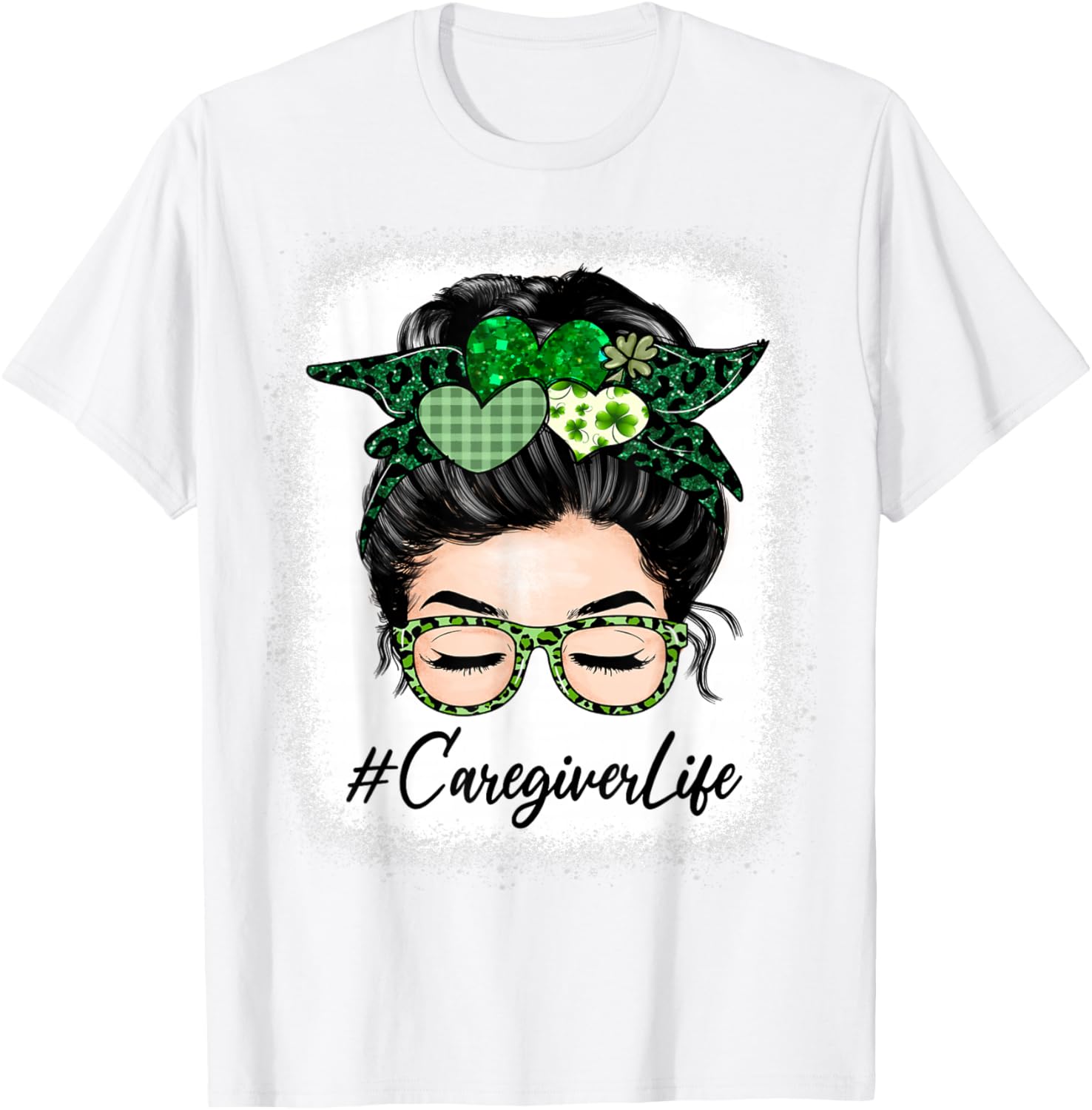 Caregiver Women Messy Bun St Patrick's Day Shamrock T-Shirt - T-Shirt | White