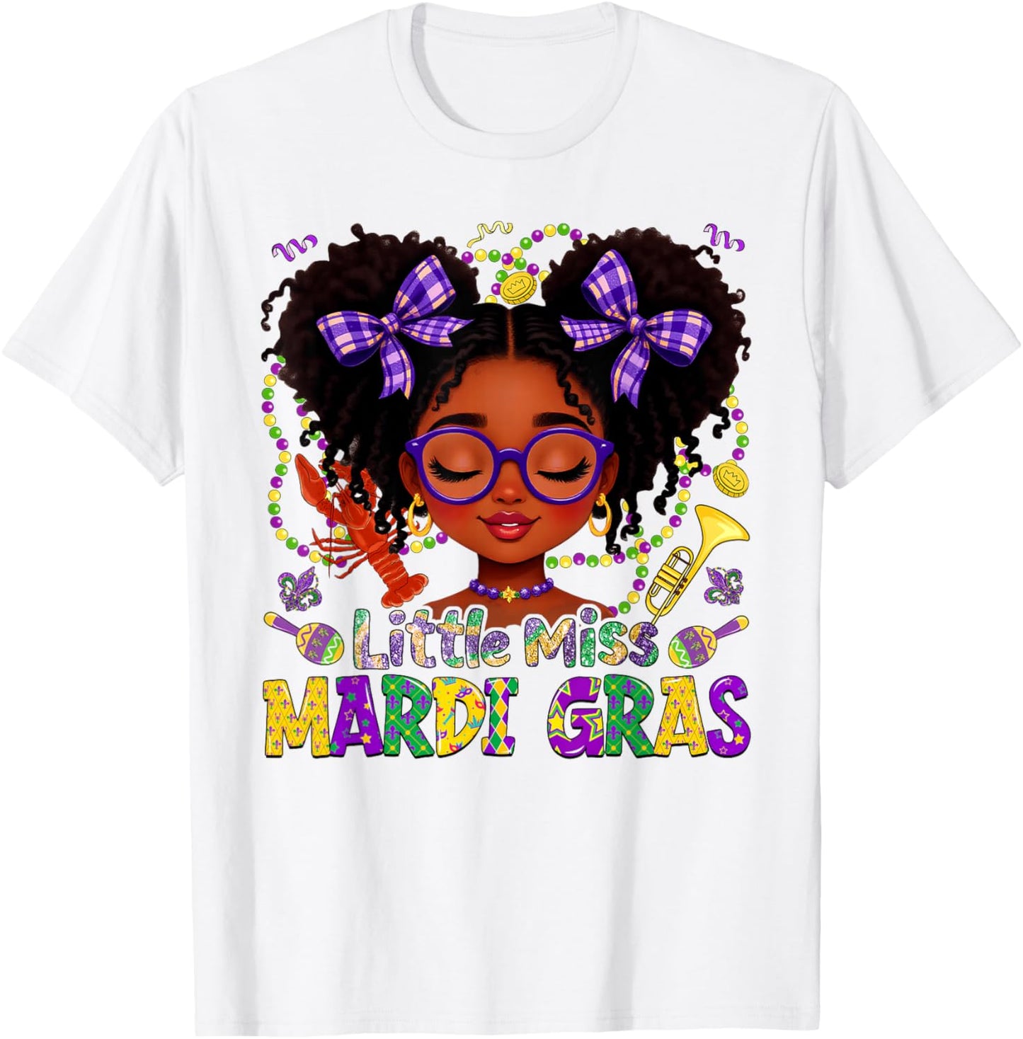 Little Miss Mardi Gras Afro Messy Bun New Orleans Girls Kids T-Shirt - T-Shirt | White