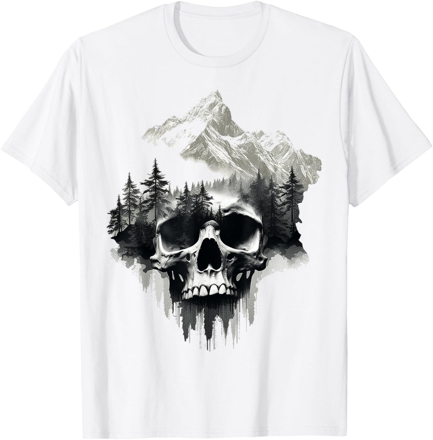 Skull Drawing Nature Artwork Mountains Tree Art Skull T-Shirt - T-Shirt | White