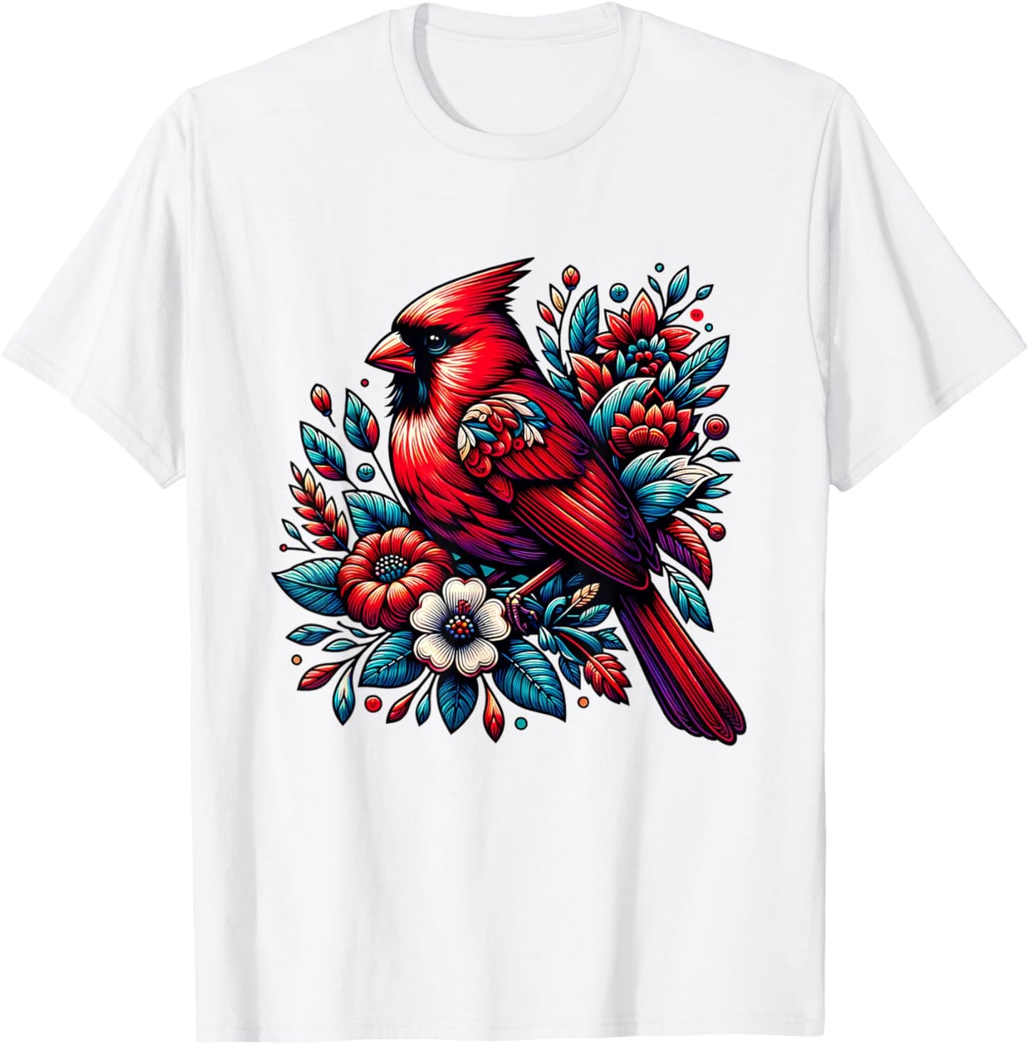 Cute Red Cardinal Bird Vintage Flowers Northern Cardinal T-Shirt - T-Shirt | White