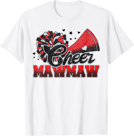Cheer Mawmaw Cheer Leader Gift Biggest Fan Black Red Pom Pom T-Shirt - T-Shirt | White
