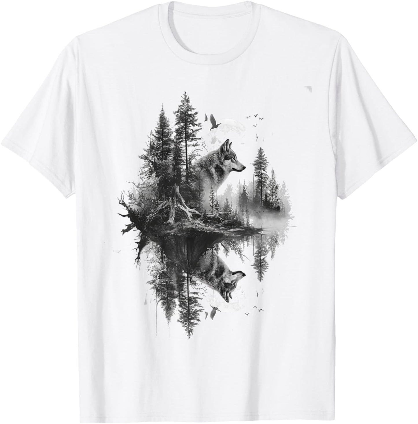 Wolf in front of moon and trees wolves wild animal T-Shirt - T-Shirt | White