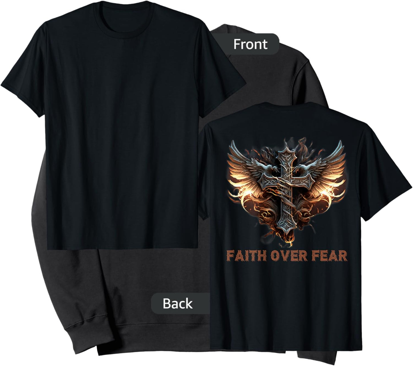 Angel Wings Christian Cross Faith Over Fear - On Back Sweatshirt - Sweatshirt | Black