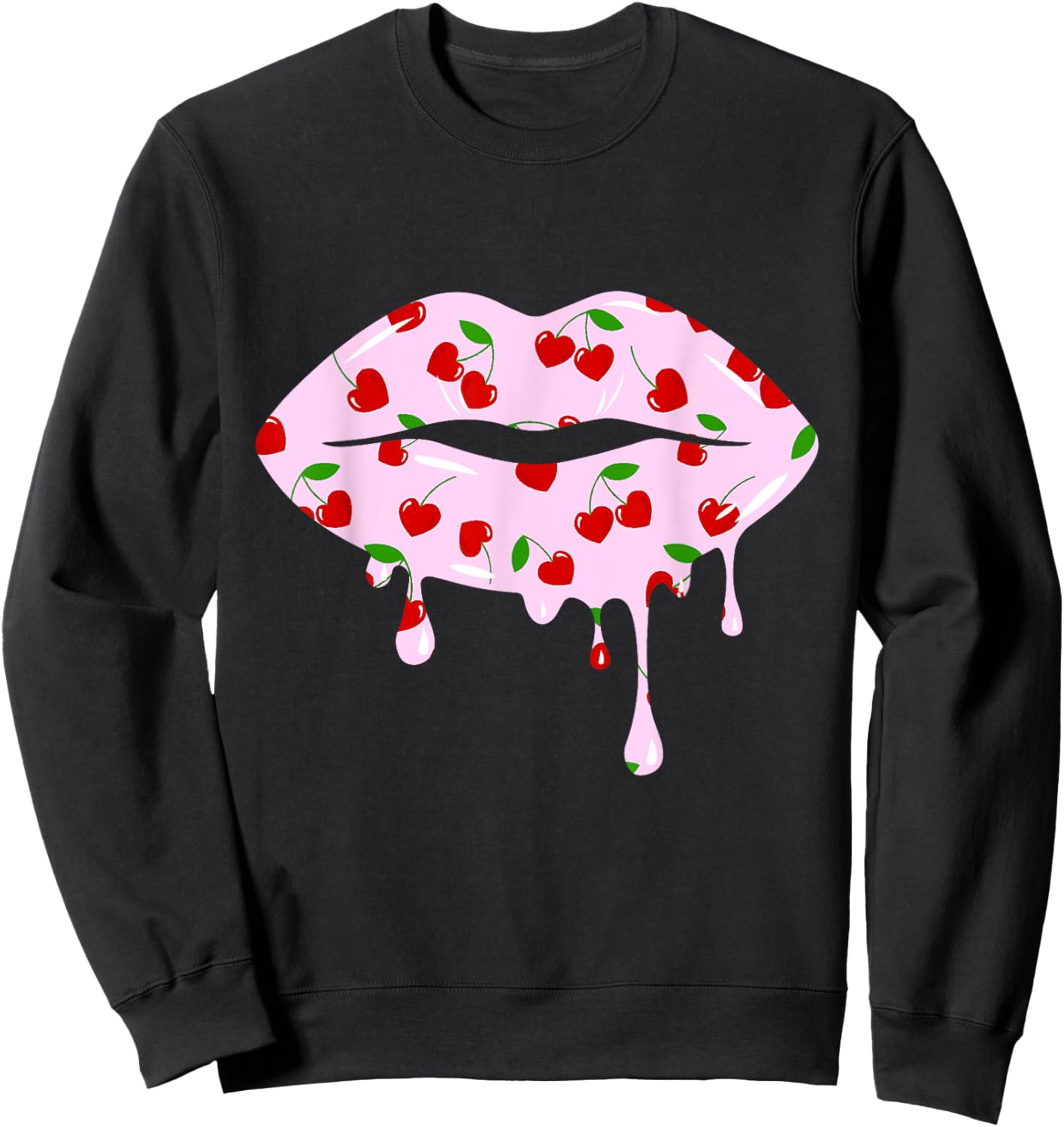 Cute Cherry Hearts Pink Dripping Lips Valentines Day Sweatshirt - Sweatshirt | Black