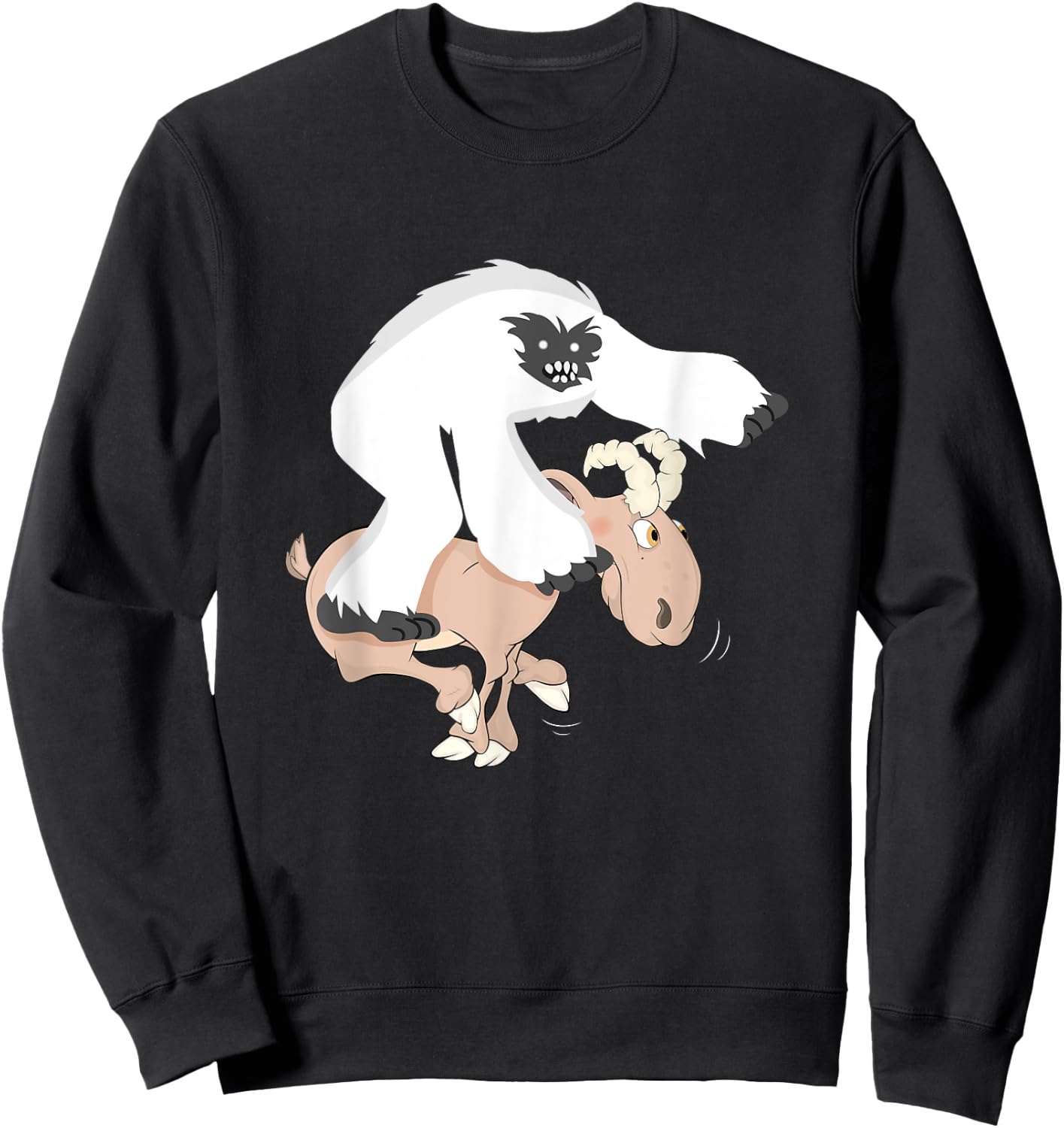 Funny Baby Yeti Riding Goat Cartoon Bigfoot Play Junior Goat Sweatshirt - Sweatshirt | Black