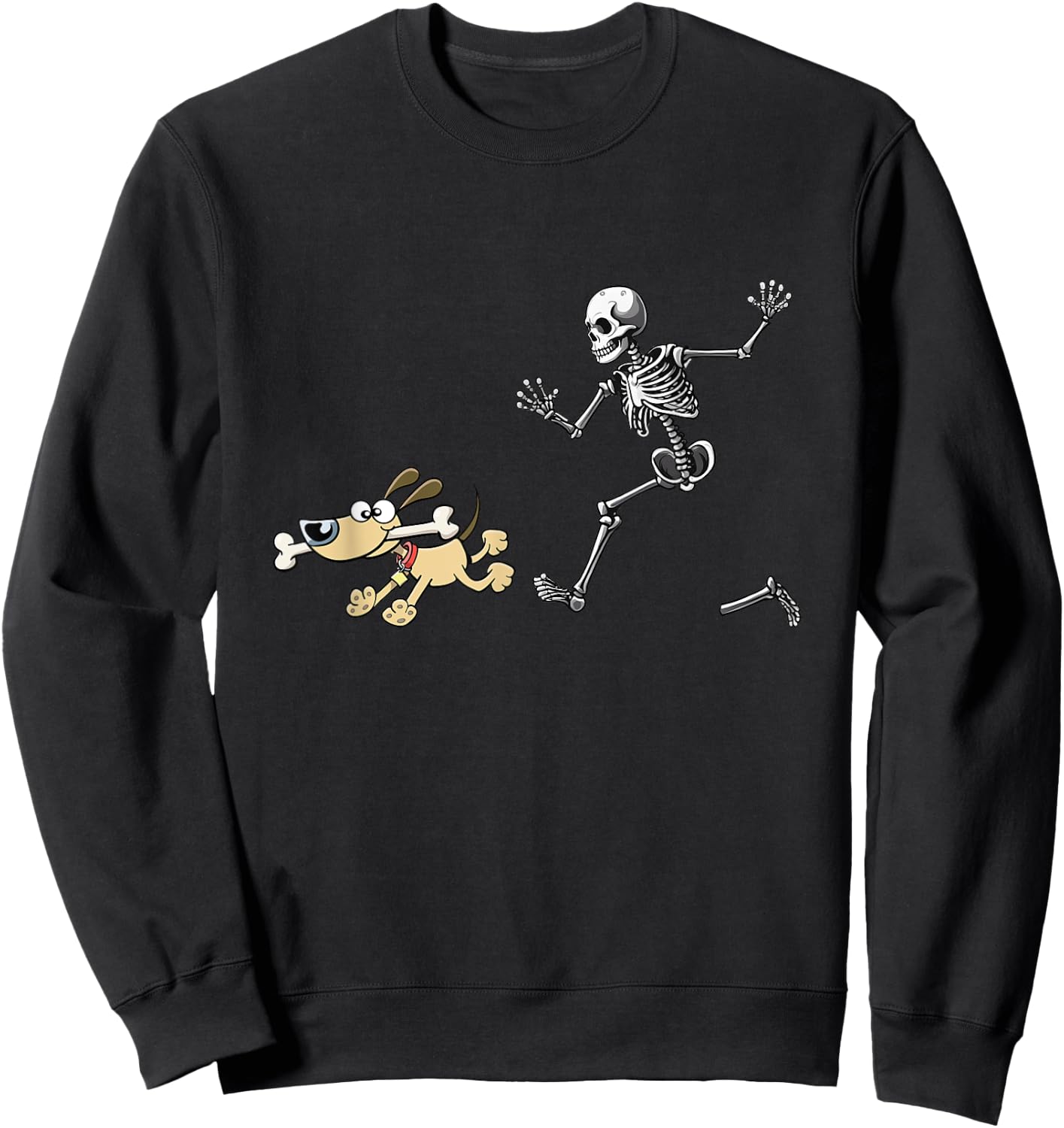 Halloween Dog, Funny Skeleton, Skeleton Chasing Dog Women Sweatshirt - Sweatshirt | Black