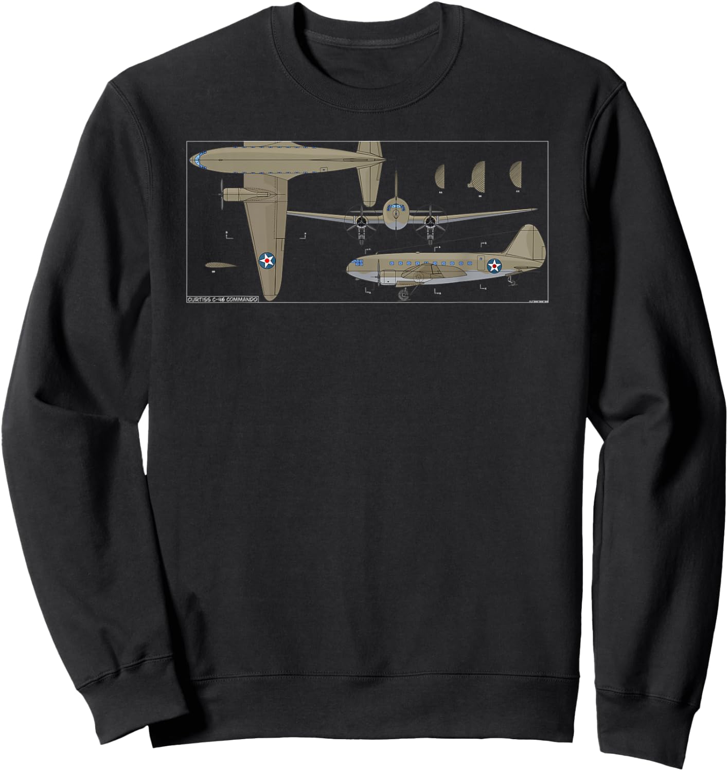 Curtiss C-46 Commando American WW2 Transport Plane Diagram Sweatshirt - Sweatshirt | Black
