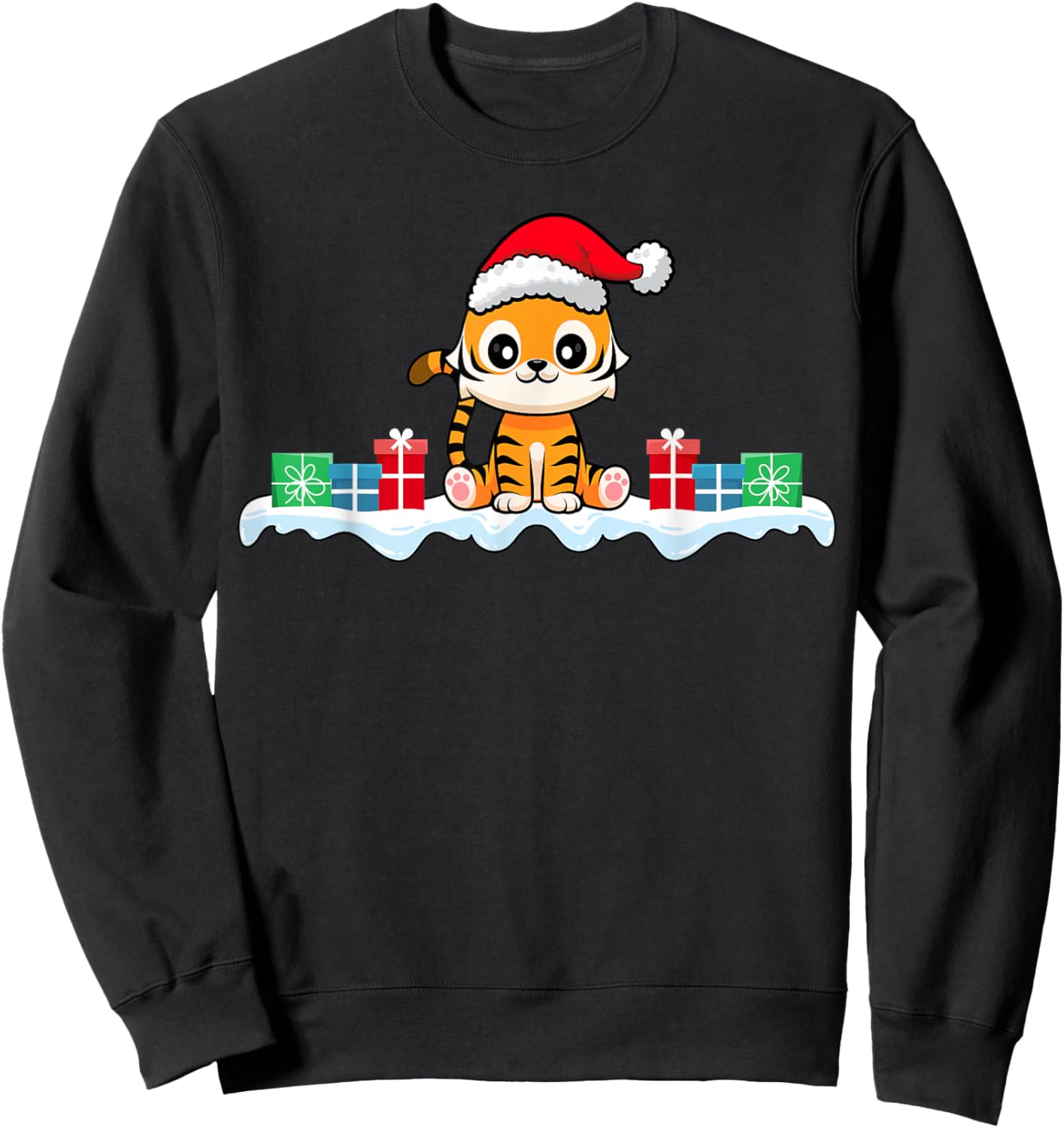 Kawaii Tiger Wearing Santa Hat Xmas Tiger Lover Christmas Sweatshirt - Sweatshirt | Black
