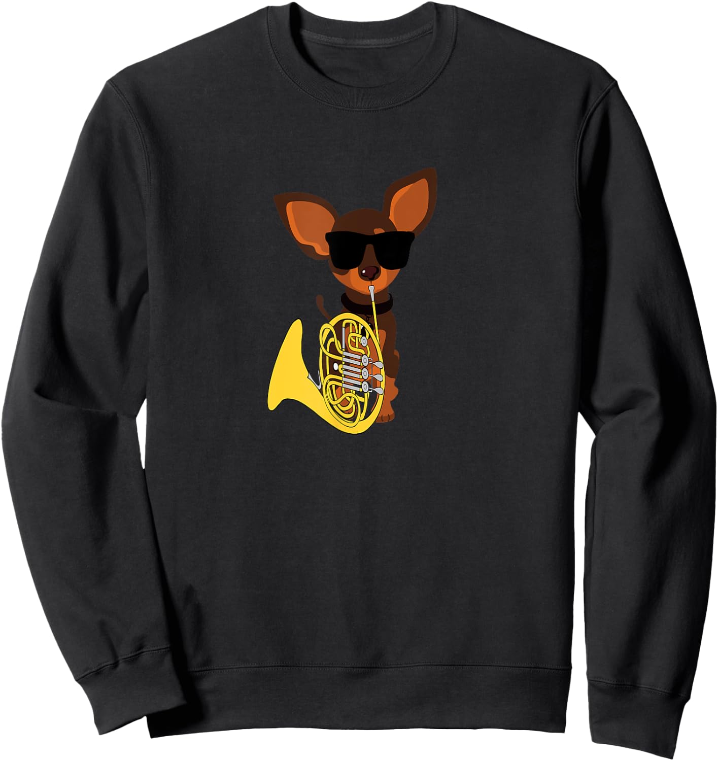 Funny Dog Wearing Sunglasses Playing French Horn Women Kids Sweatshirt - Sweatshirt | Black