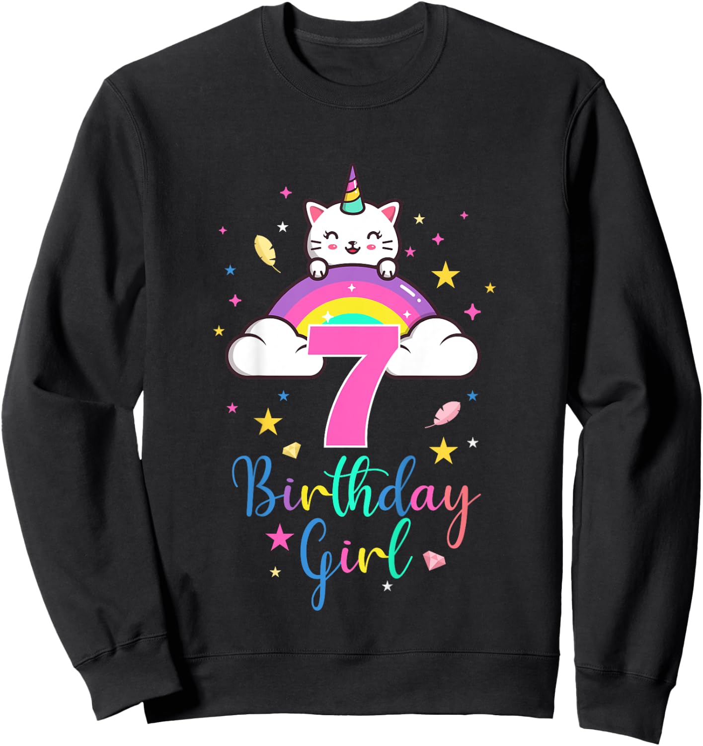 7th Birthday Girl Seven Years Old Birthday Caticorn Rainbow Sweatshirt - Sweatshirt | Black