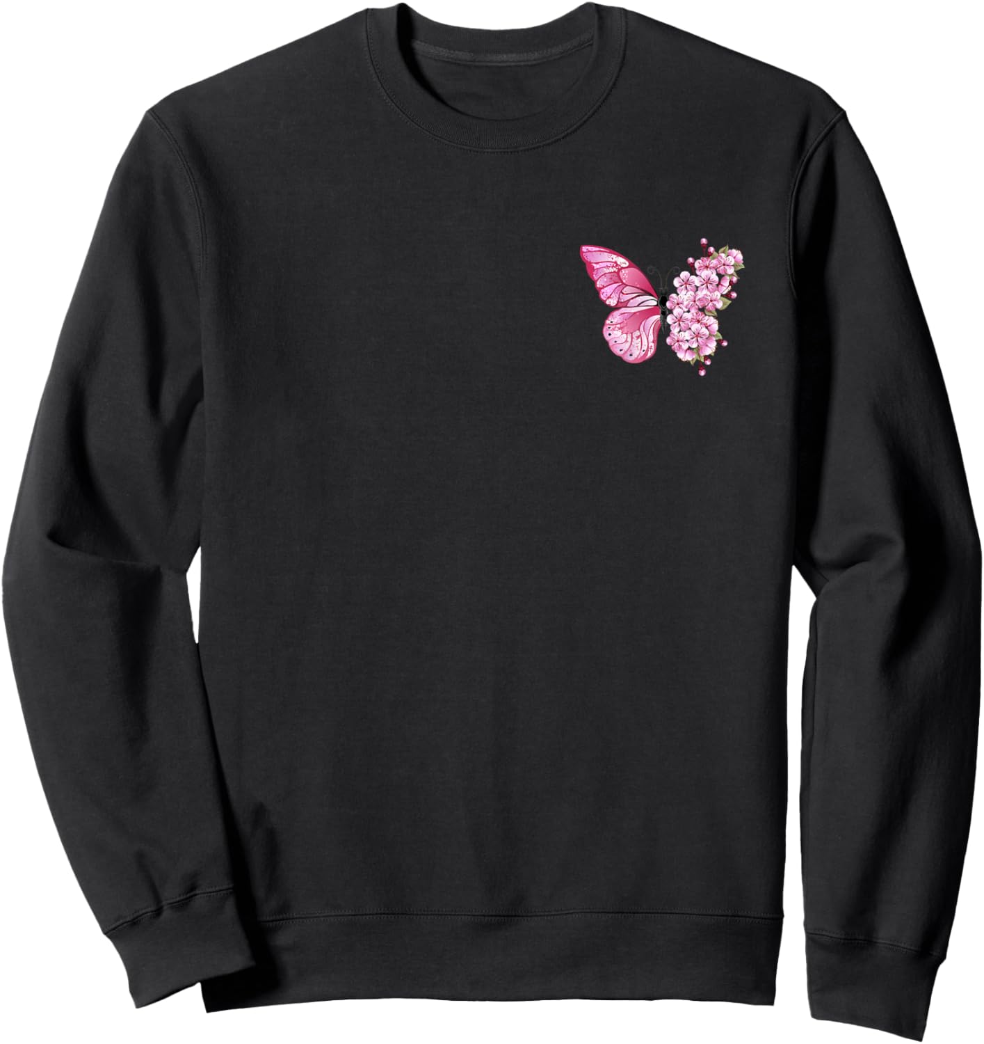 Butterfly With Cherry Blossom Wing Sakura On Chest And Back Sweatshirt - Sweatshirt | Black