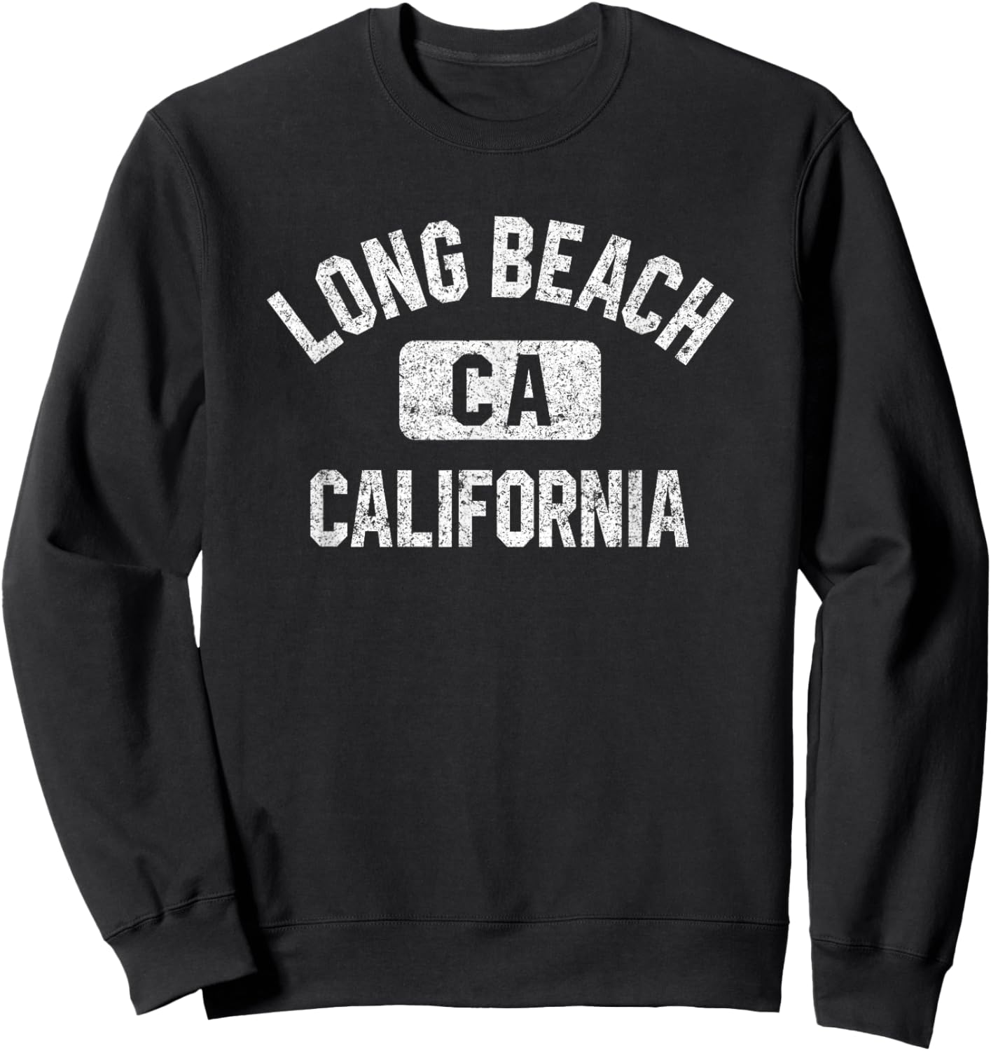 Long Beach California Gym Style Distressed White Print Sweatshirt - Sweatshirt | Black