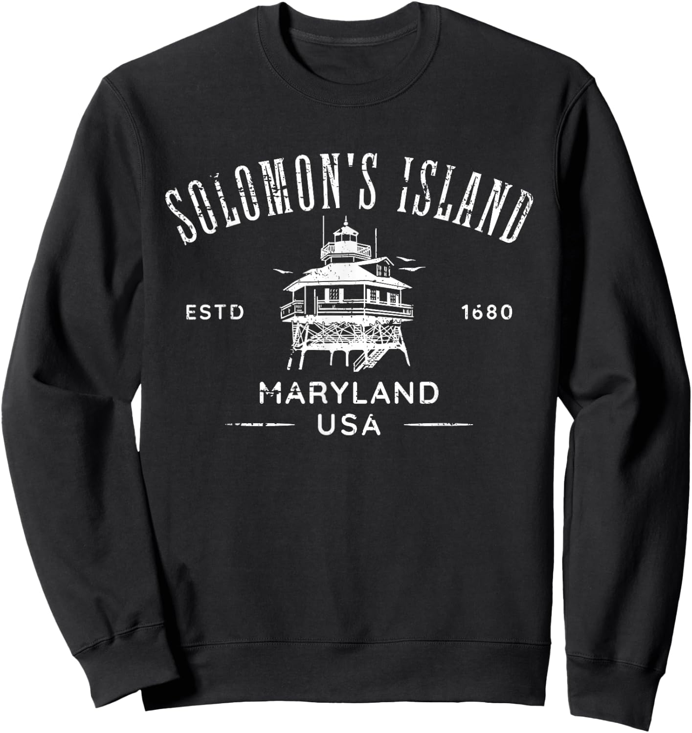 Solomons Island Maryland USA Lighthouse Distressed Design Sweatshirt - Sweatshirt | Black