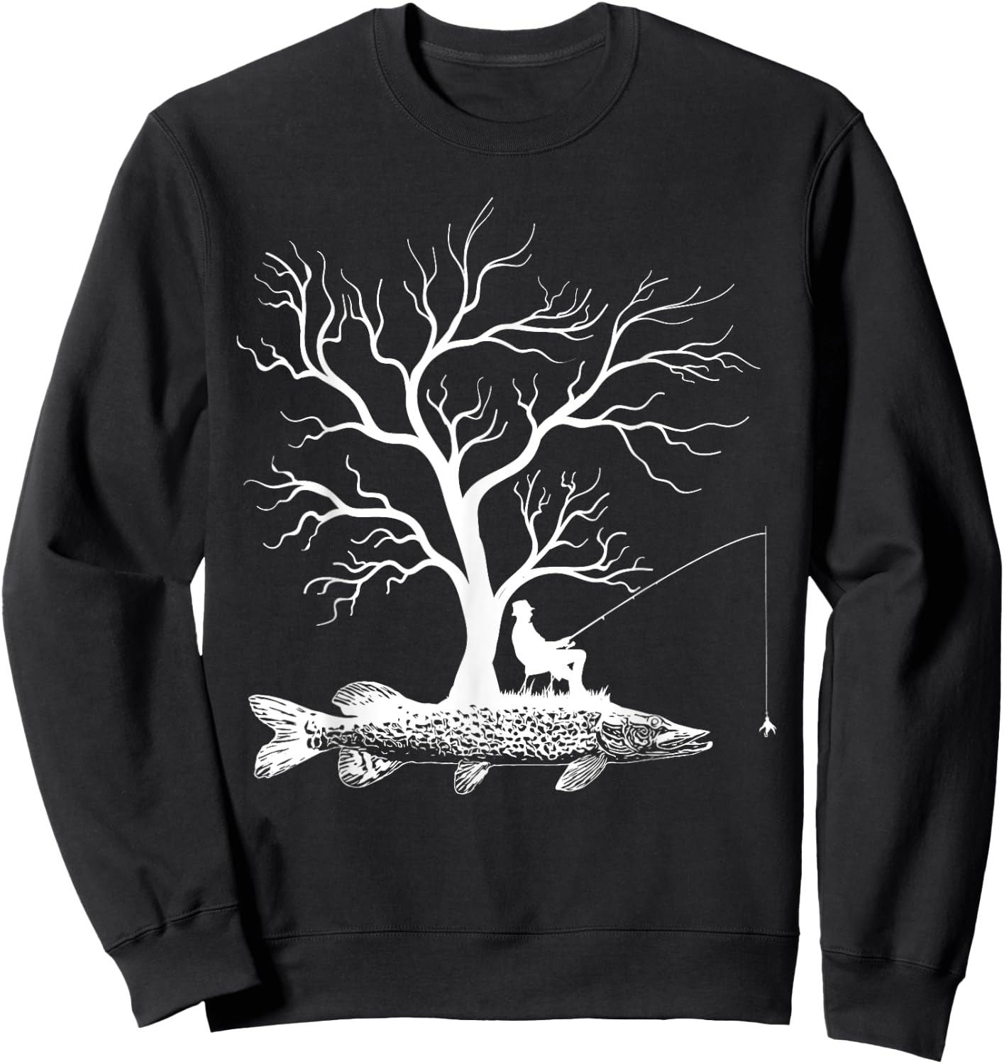 Graphic Tree Fishing Rod - Fish Northern Pike Sweatshirt - Sweatshirt | Black