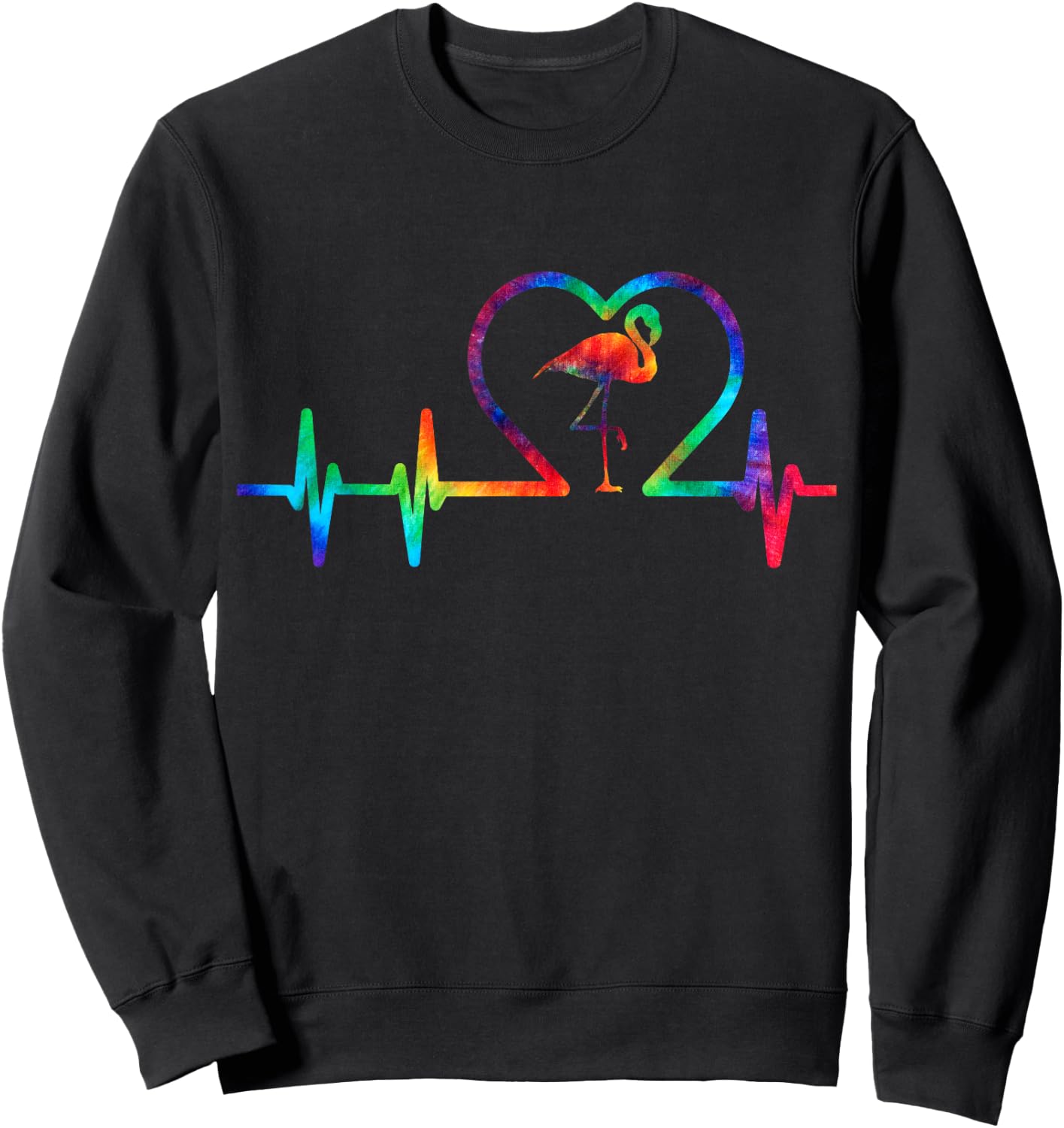Tie Dye Flamingo Lovers Heartbeat Colorful Heart Rainbow Sweatshirt - Sweatshirt | Black
