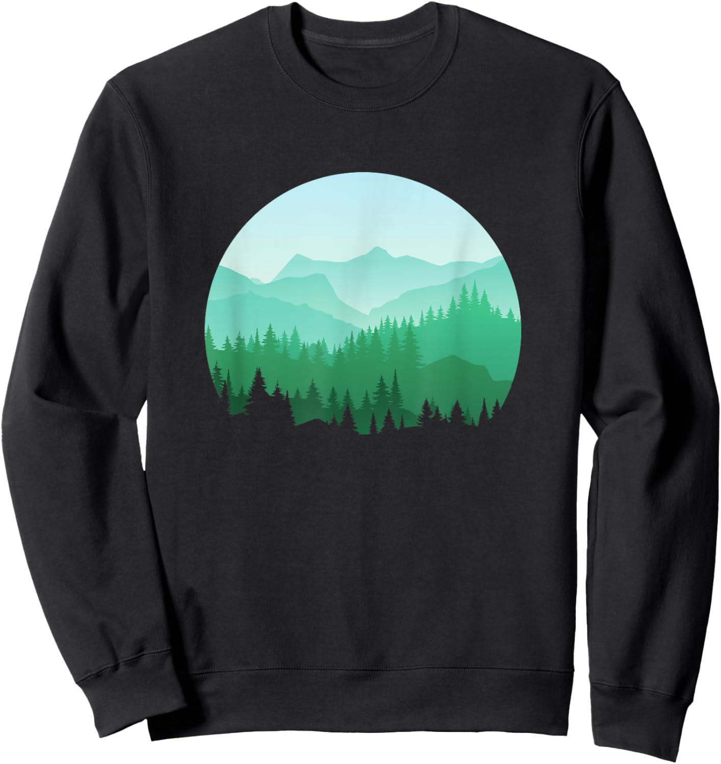 Teal Green Mountain and Forest Scene Silhouette Graphic Sweatshirt - Sweatshirt | Black
