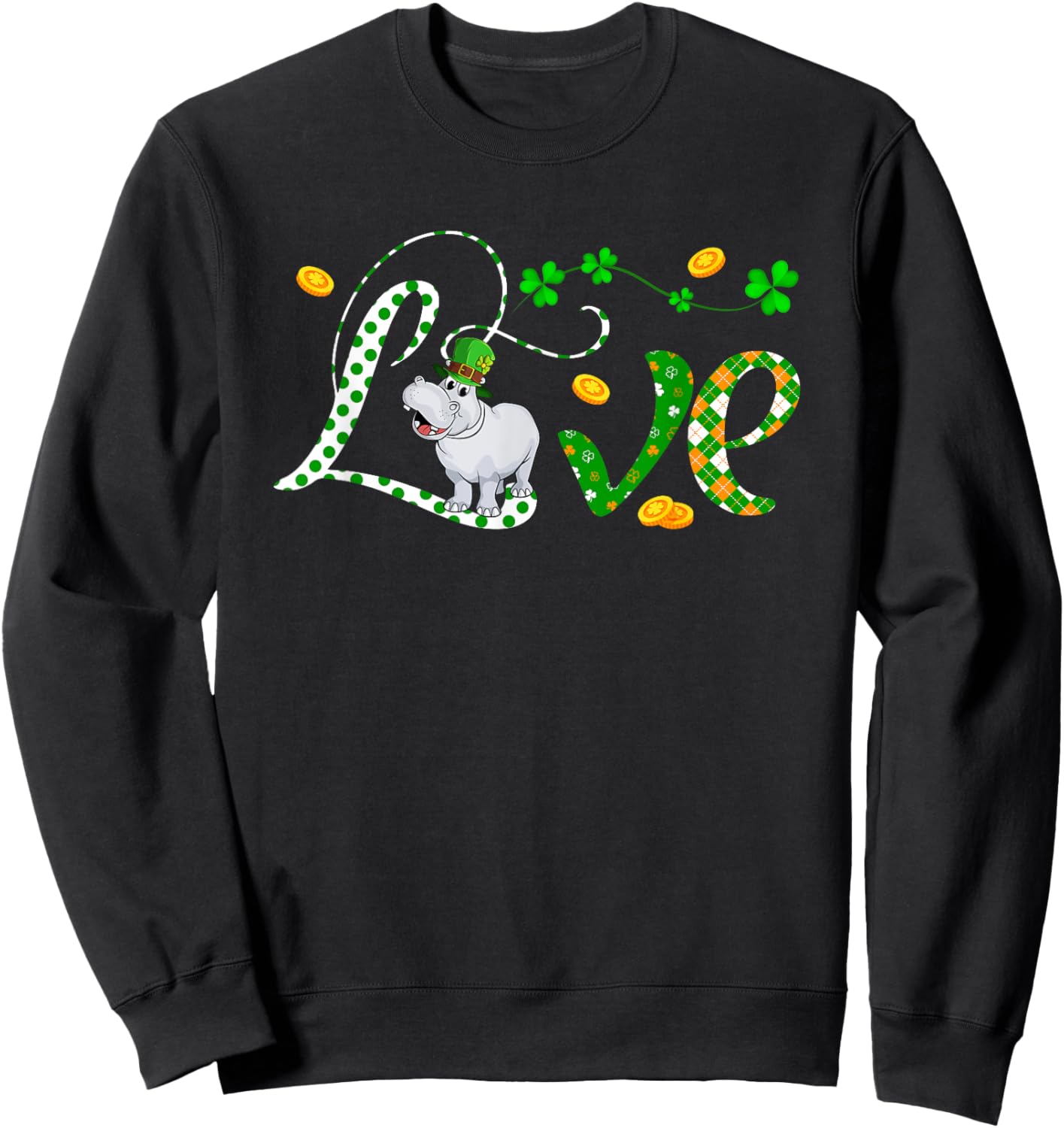 LOVE St. Patrick's Day Hippo Costume Clovers Lover Kids Sweatshirt - Sweatshirt | Black