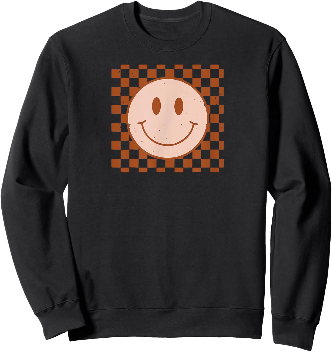 Retro Happy Face Smile Face Checkered Pattern Sweatshirt - Sweatshirt | Black