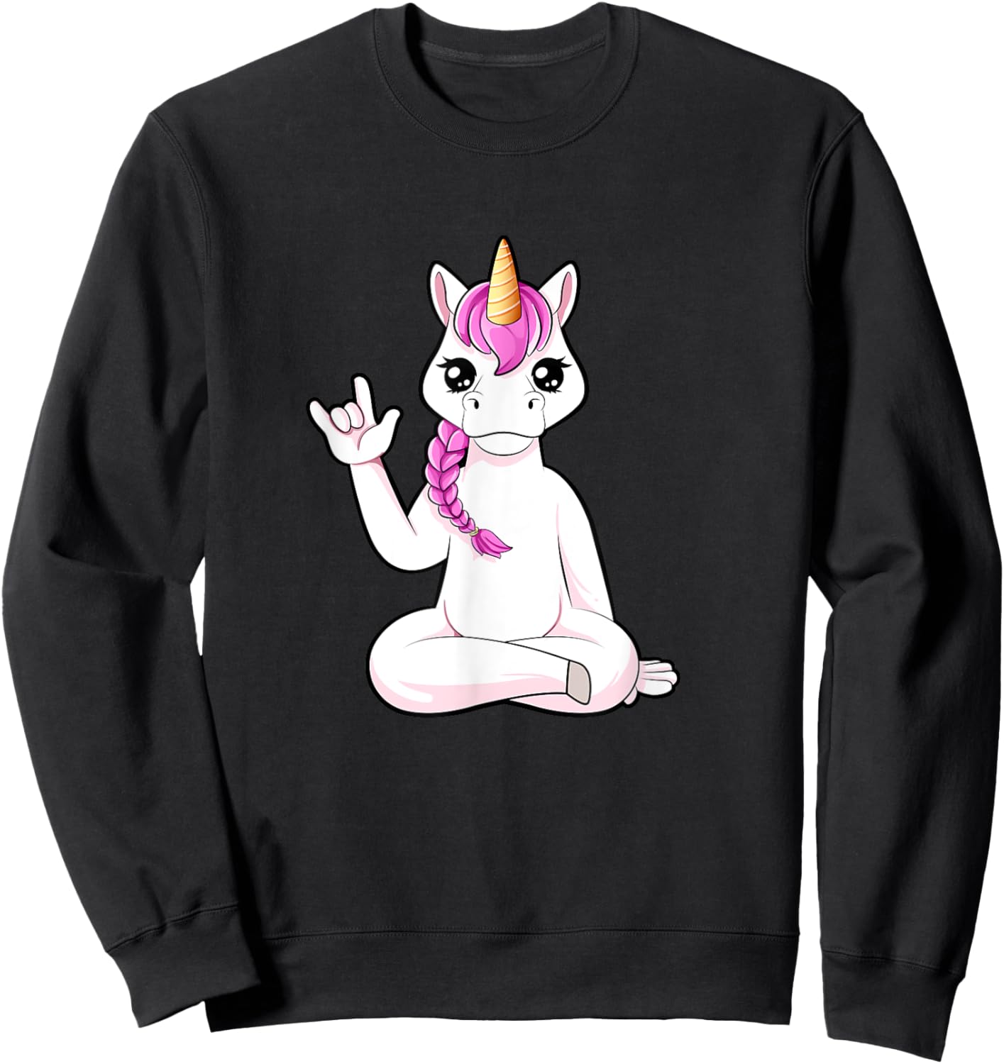 Cartoon unicorn shows I love you - ASL hand gesture Sweatshirt - Sweatshirt | Black