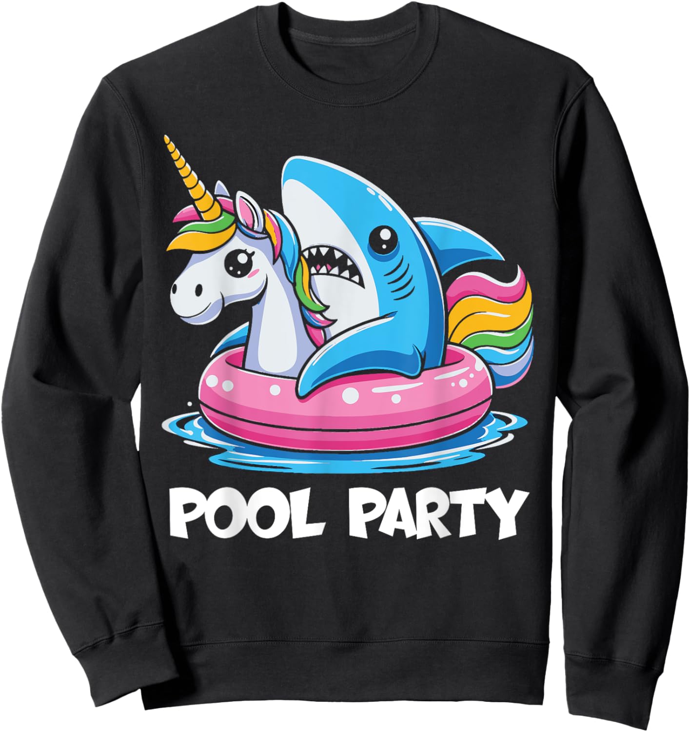 Pool Party Funny Shark And Unicorn Swimming Summer Women Kids Sweatshirt - Sweatshirt | Black