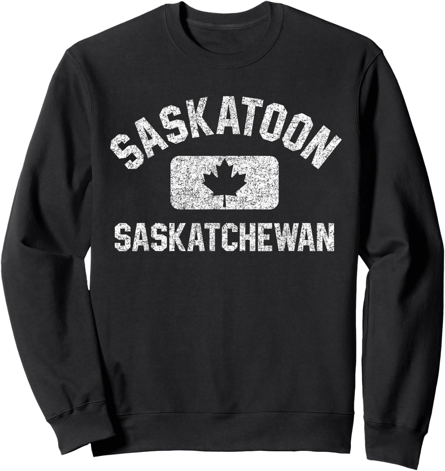 Saskatoon Gym Style Canada Leaf Red w Distressed White Print Sweatshirt - Sweatshirt | Black