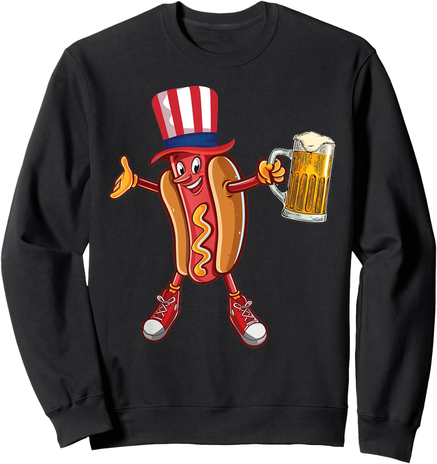Funny Hot dog US Flag Hat Drinking Beer for 4th of July gift Sweatshirt - Sweatshirt | Black