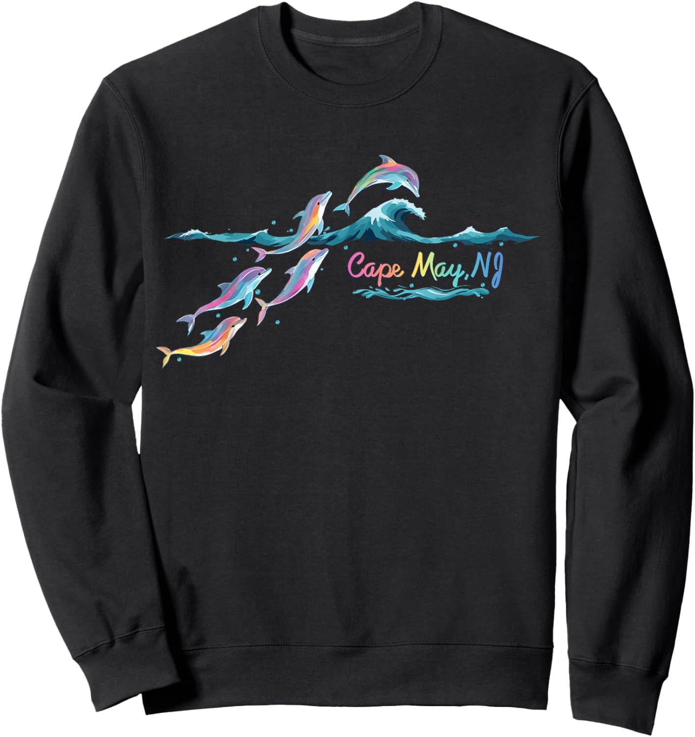 Cape May NJ Colorful Dolphin Lover Beach Vacation Sweatshirt - Sweatshirt | Black