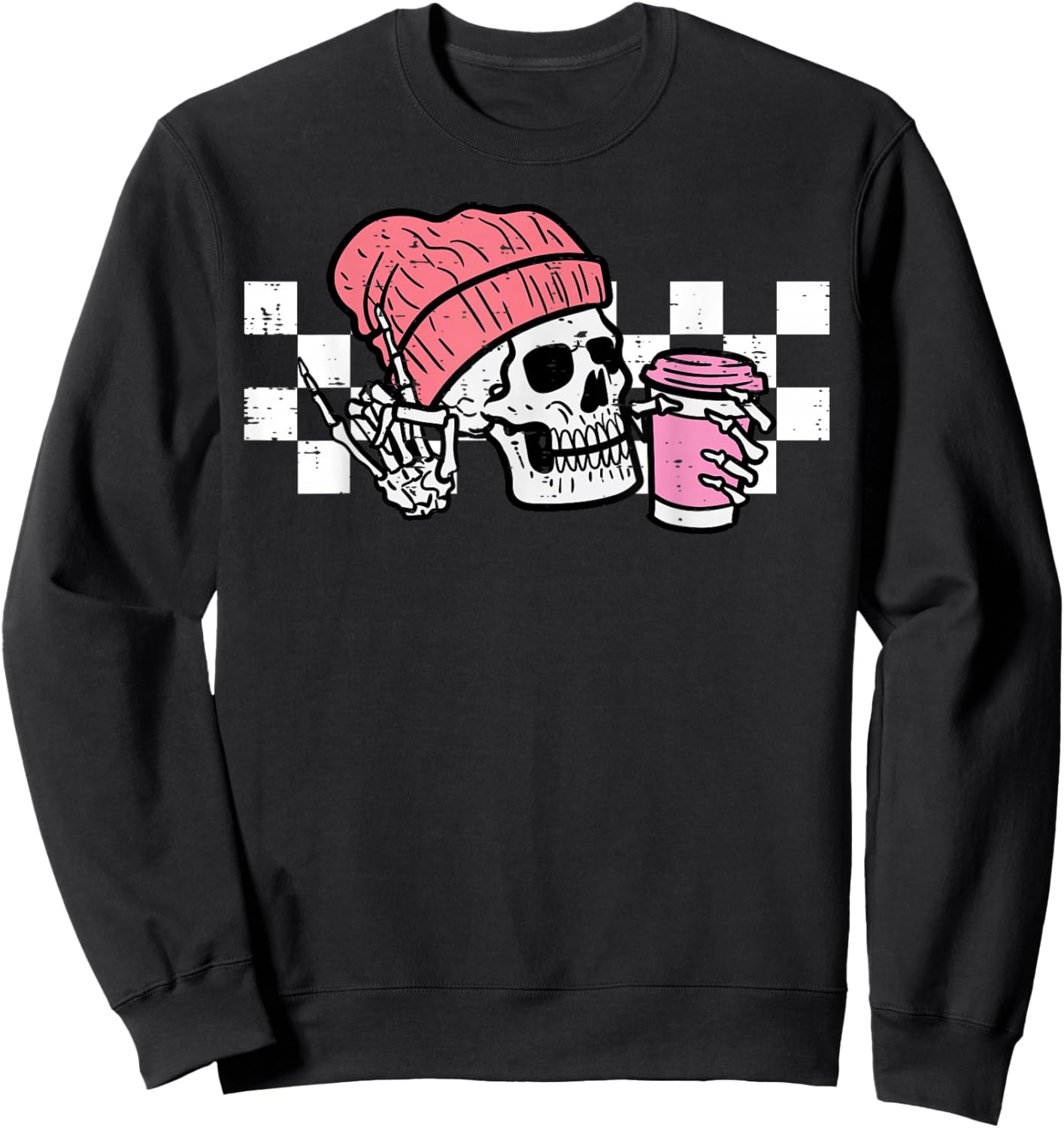 Halloween Skeleton Pink Coffee Retro Costume Women Men Kids Sweatshirt - Sweatshirt | Black