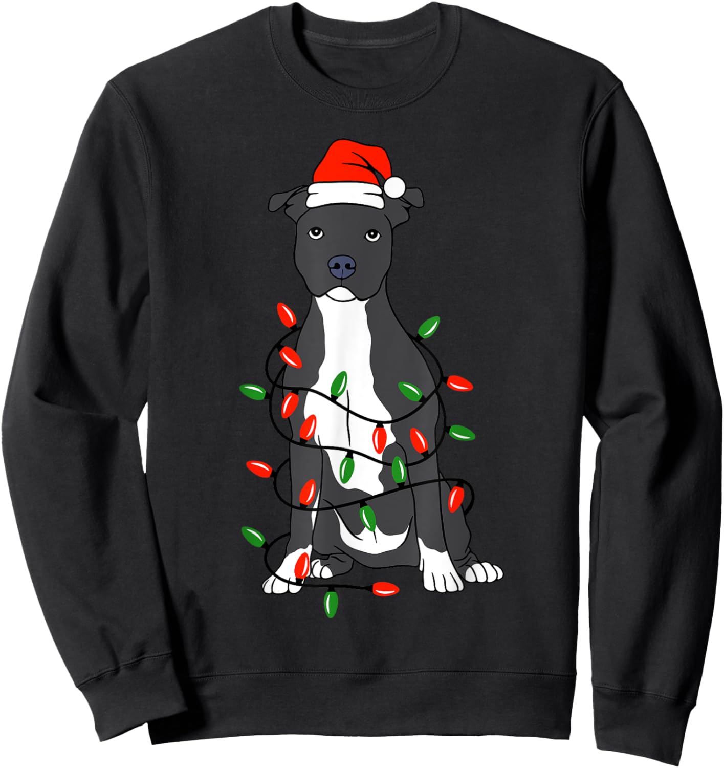 Pittie Pitbull Christmas Santa Hat Lights Xmas Dog Lover Sweatshirt - Sweatshirt | Black
