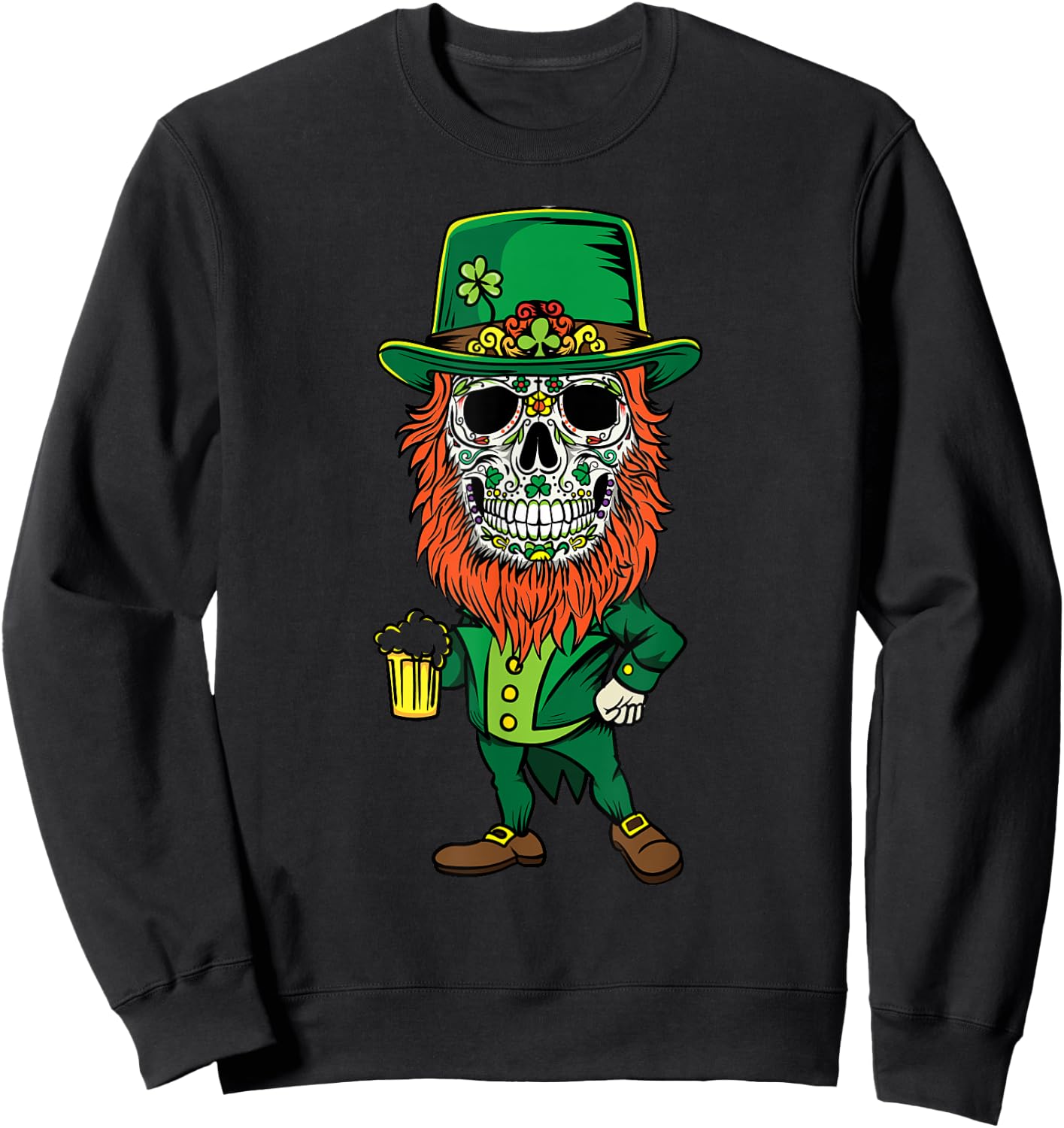 Leprechaun St Patricks Day of dead - Sugar Skull Men Women Sweatshirt - Sweatshirt | Black