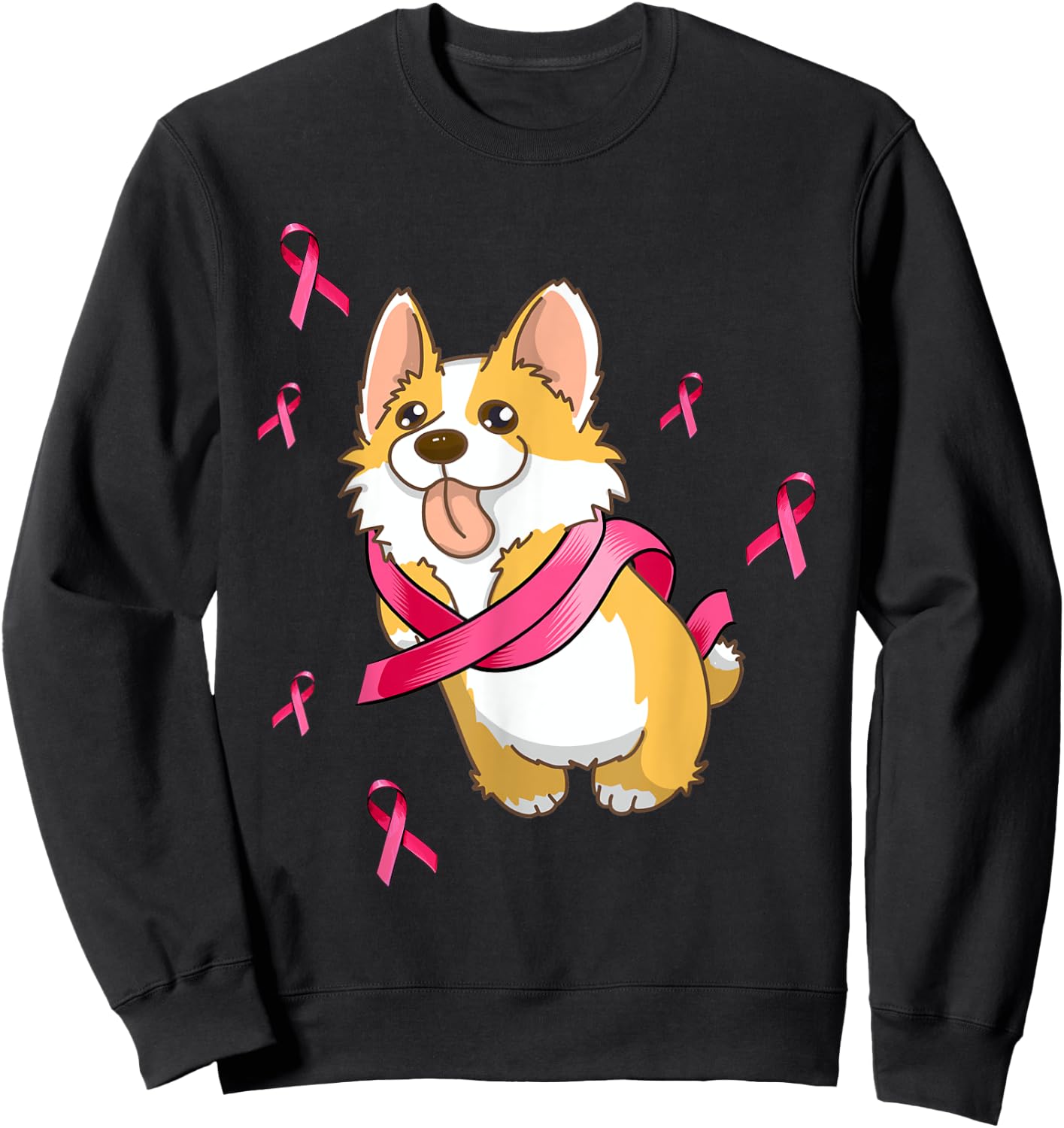 Cute Corgi Dog Breast Cancer Awareness Pink Ribbon Men Women Sweatshirt - Sweatshirt | Black