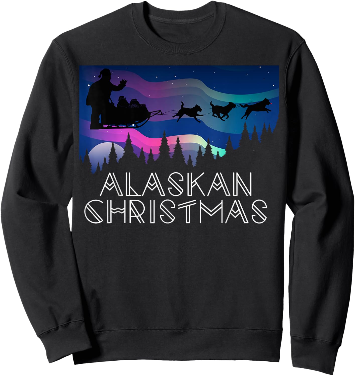 Alaskan Christmas Santa Dog Sled Aurora Borealis Women Kids Sweatshirt - Sweatshirt | Black