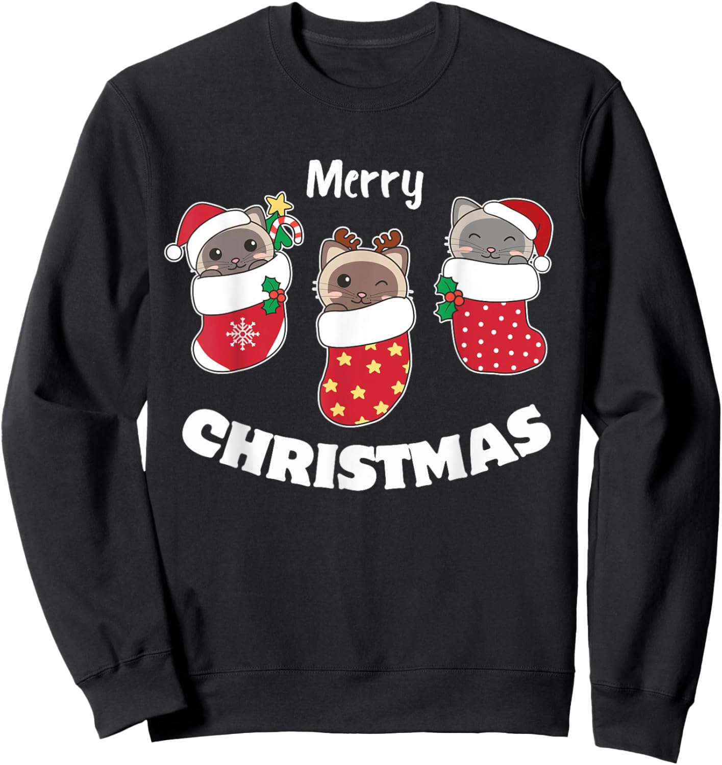 Cute Siamese Cats In Christmas Stockings For Christmas Sweatshirt - Sweatshirt | Black