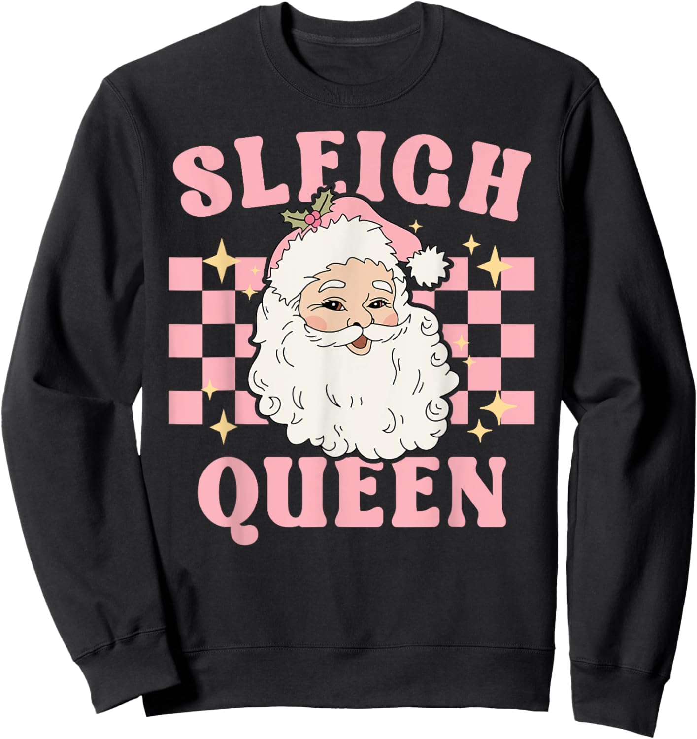 Groovy Vintage Pink Santa Cute Christmas Sleigh Queen Sweatshirt - Sweatshirt | Black