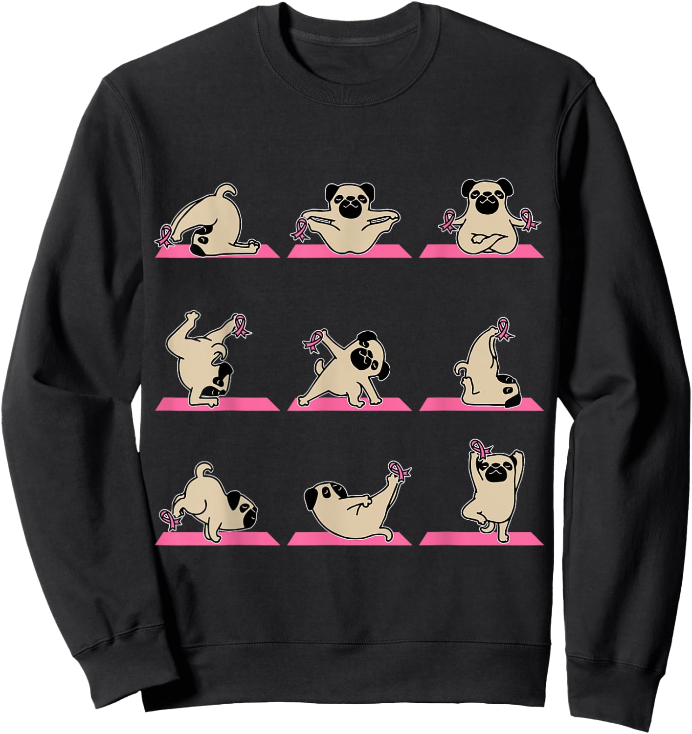 Pug Yoga Pink Ribbon Funny Dog Breast Cancer Awareness Gifts Women Kids Sweatshirt - Sweatshirt | Black