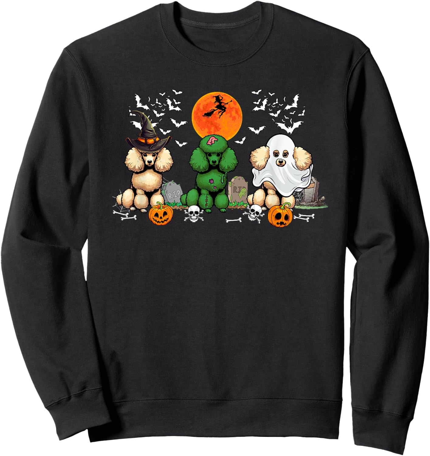 Three Halloween Poodles Cosplay Witch Zombie Boo Lover Sweatshirt - Sweatshirt | Black