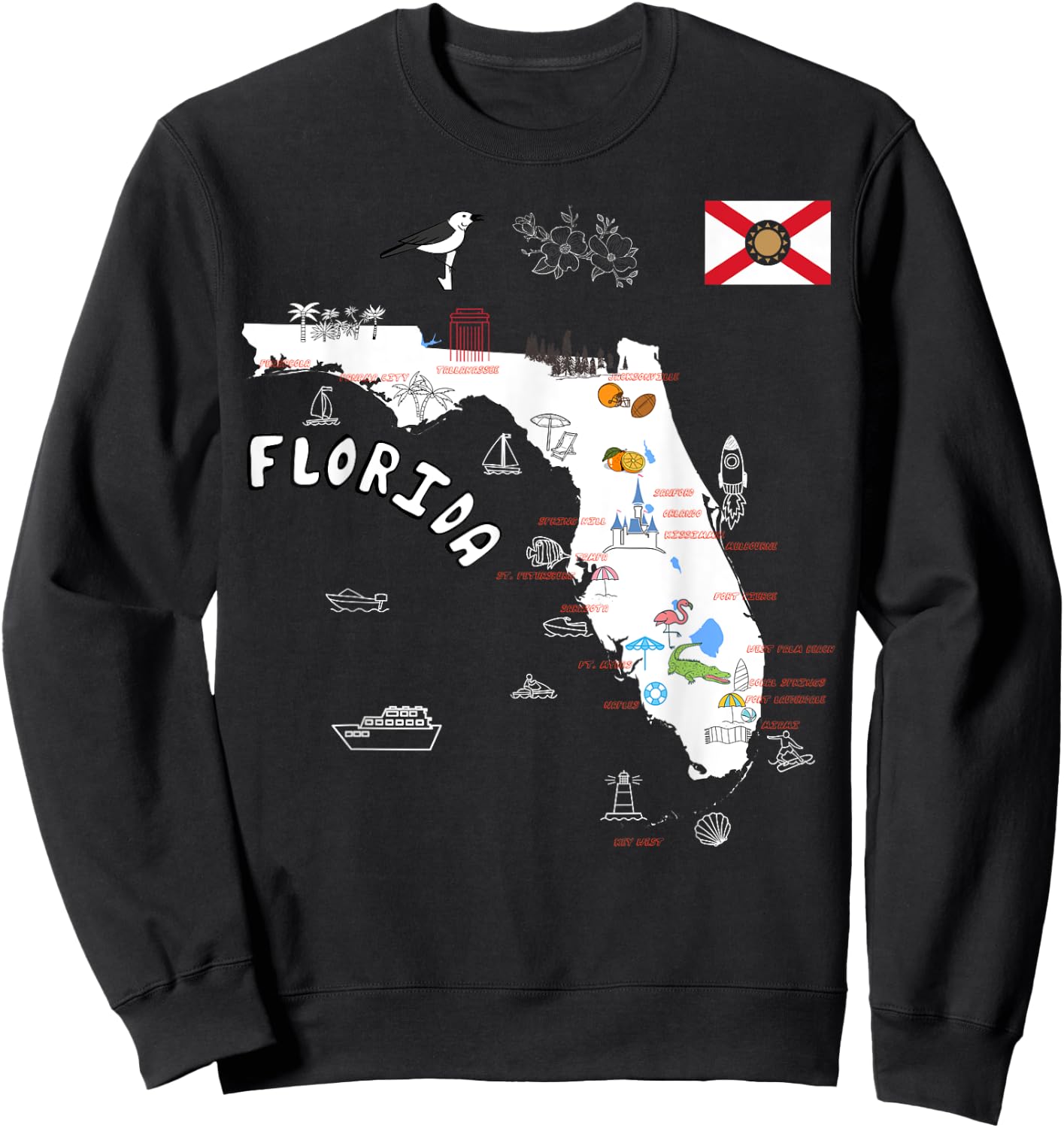 Florida State Map tourist attractions cities flag Sweatshirt - Sweatshirt | Black