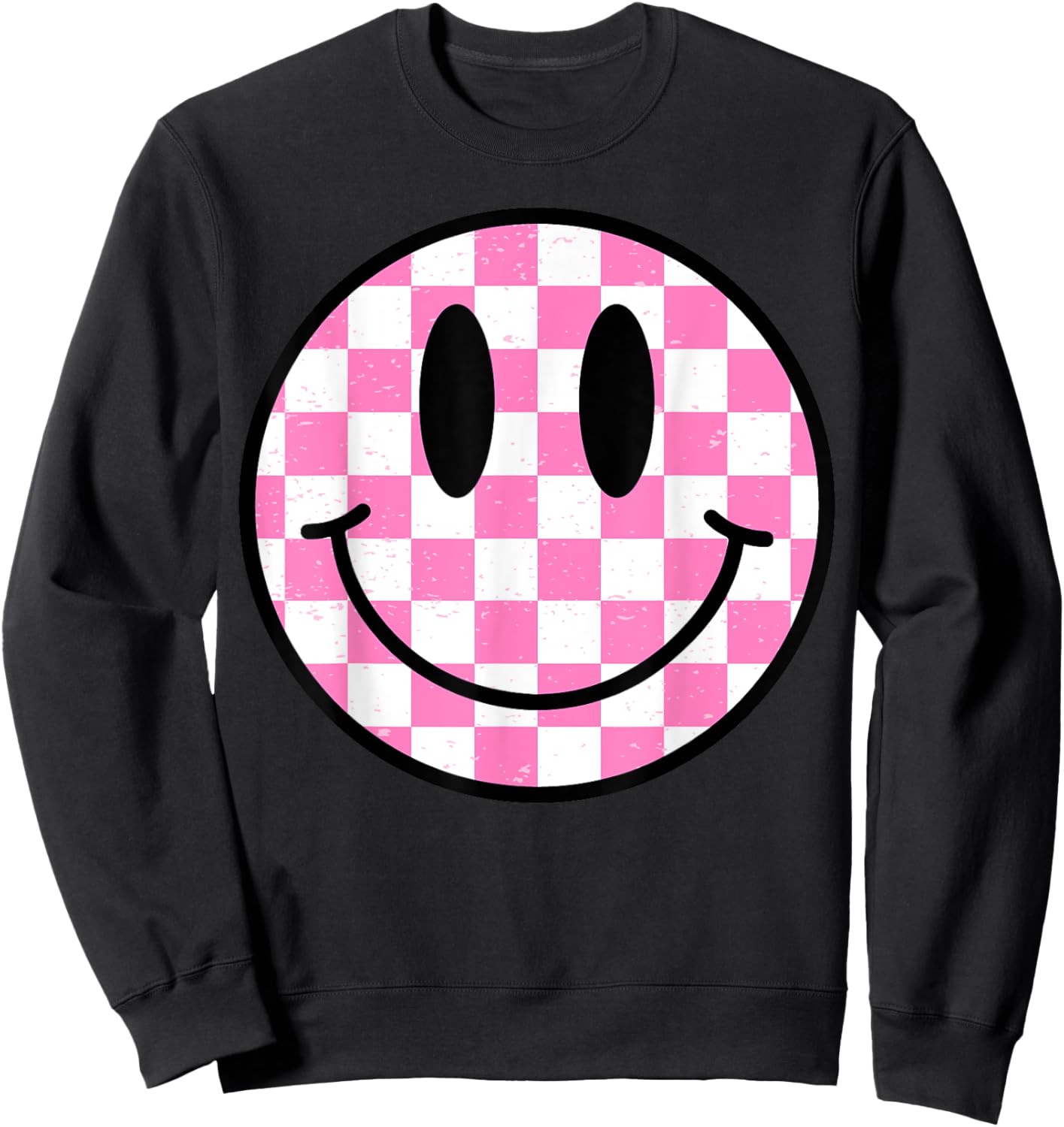 Pink Happy Face Checkered Pattern Smile Face Trendy Smiling Sweatshirt - Sweatshirt | Black