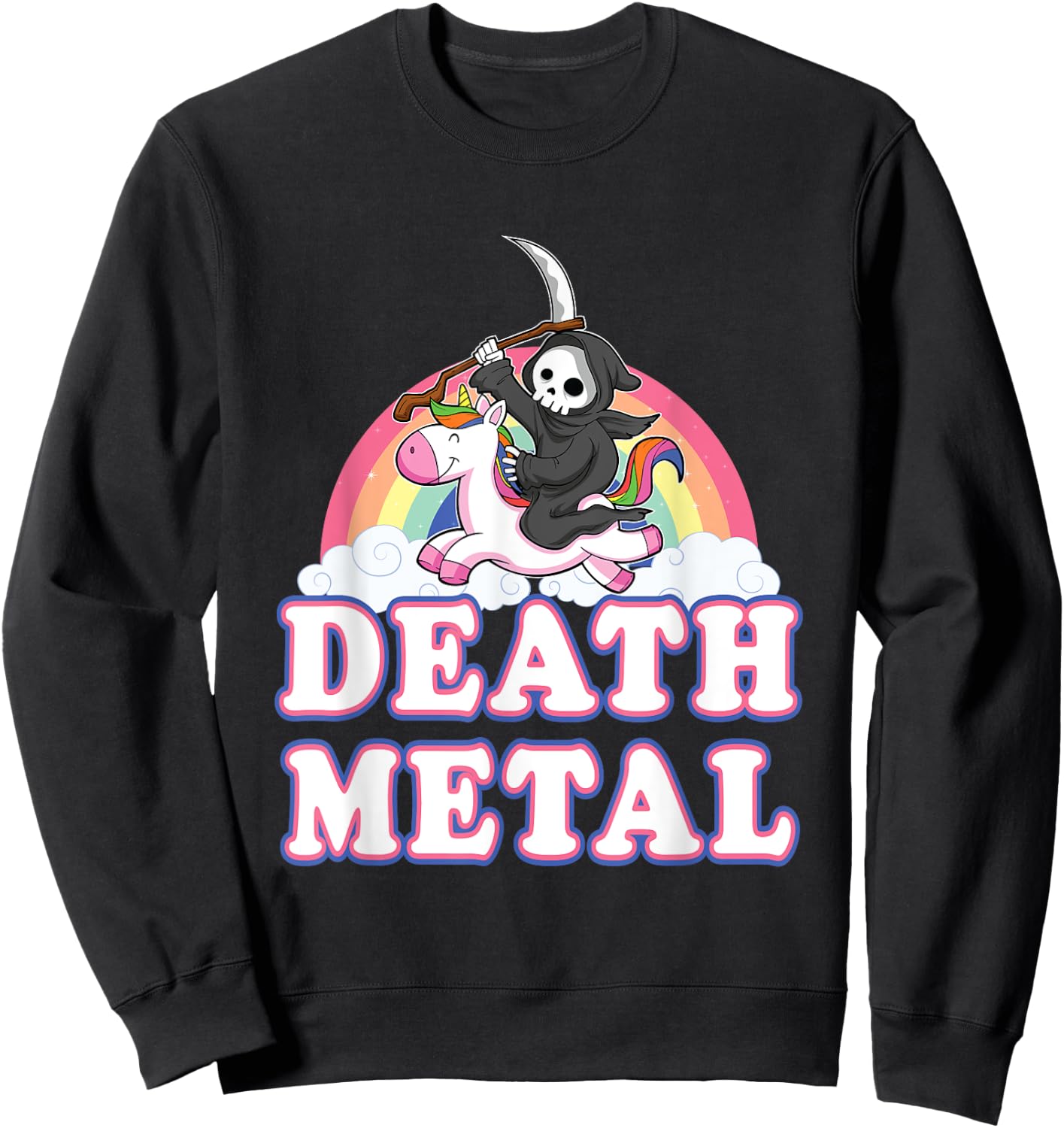 Death Metal Rock Music Rainbow Grim Reaper Riding Unicorn Sweatshirt - Sweatshirt | Black