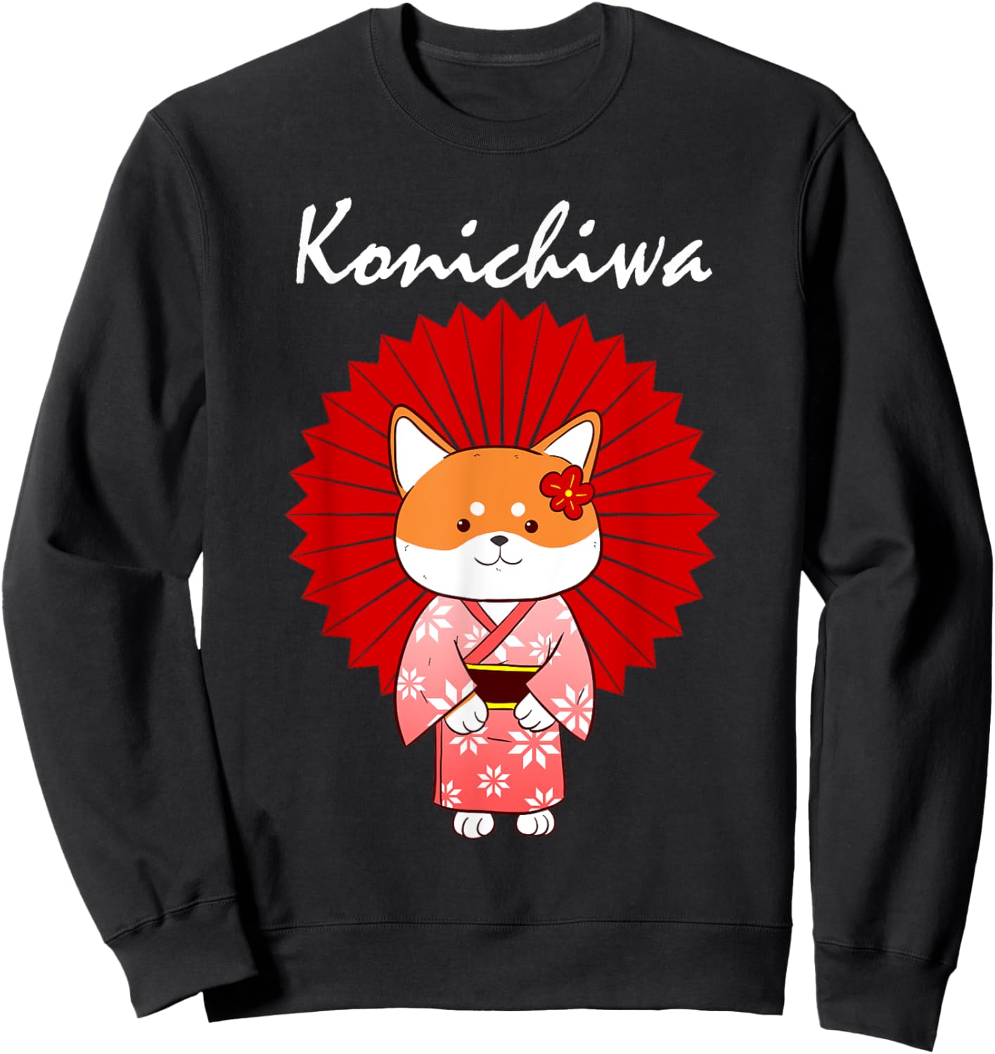 Funny Shiba Inu Uni Dog Konichiwa Kimono Flower Dress Women Girls Kids Sweatshirt - Sweatshirt | Black