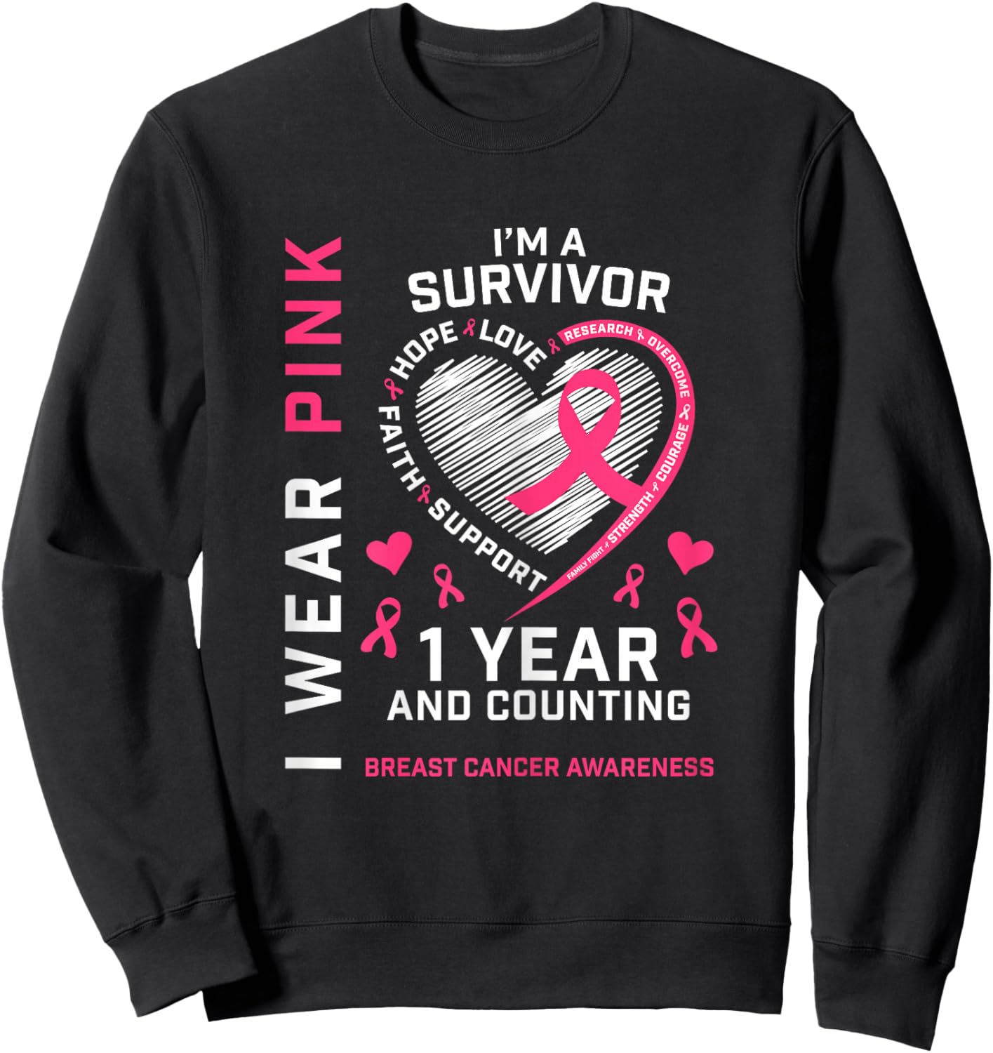 1 Year Cancer Free Mom Pink Awareness Breast Cancer Survivor Sweatshirt - Sweatshirt | Black