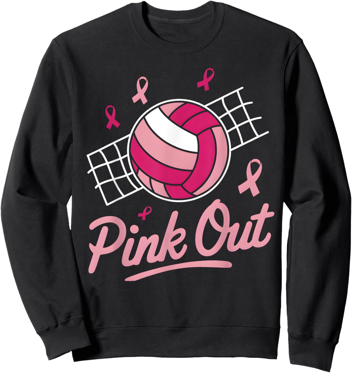Volleyball Pink Out Breast Cancer Awareness Pink Ribbon Sweatshirt - Sweatshirt | Black