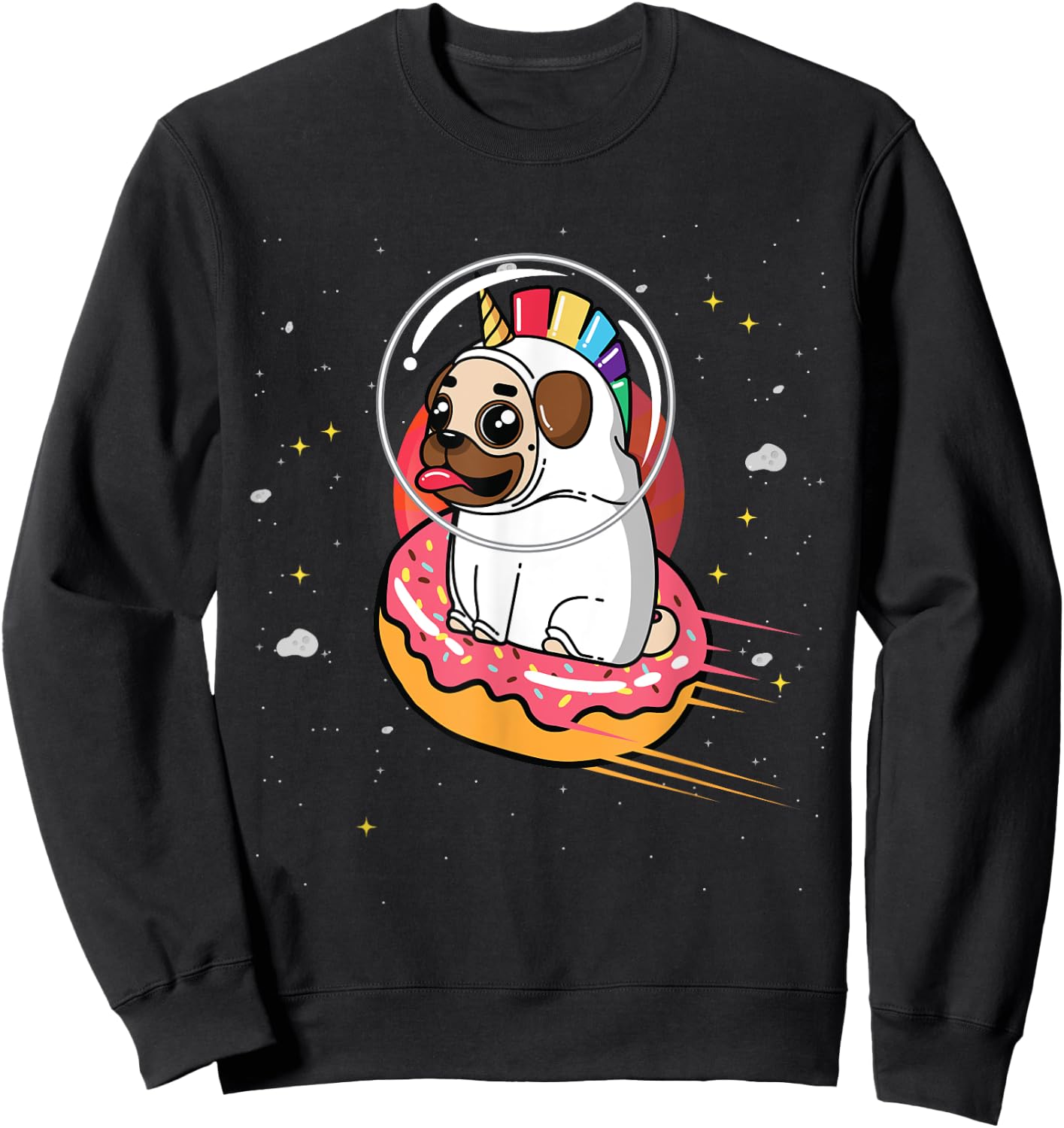 Pug in Rainbow Unicorn Costume riding Donut in Space Sweatshirt - Sweatshirt | Black