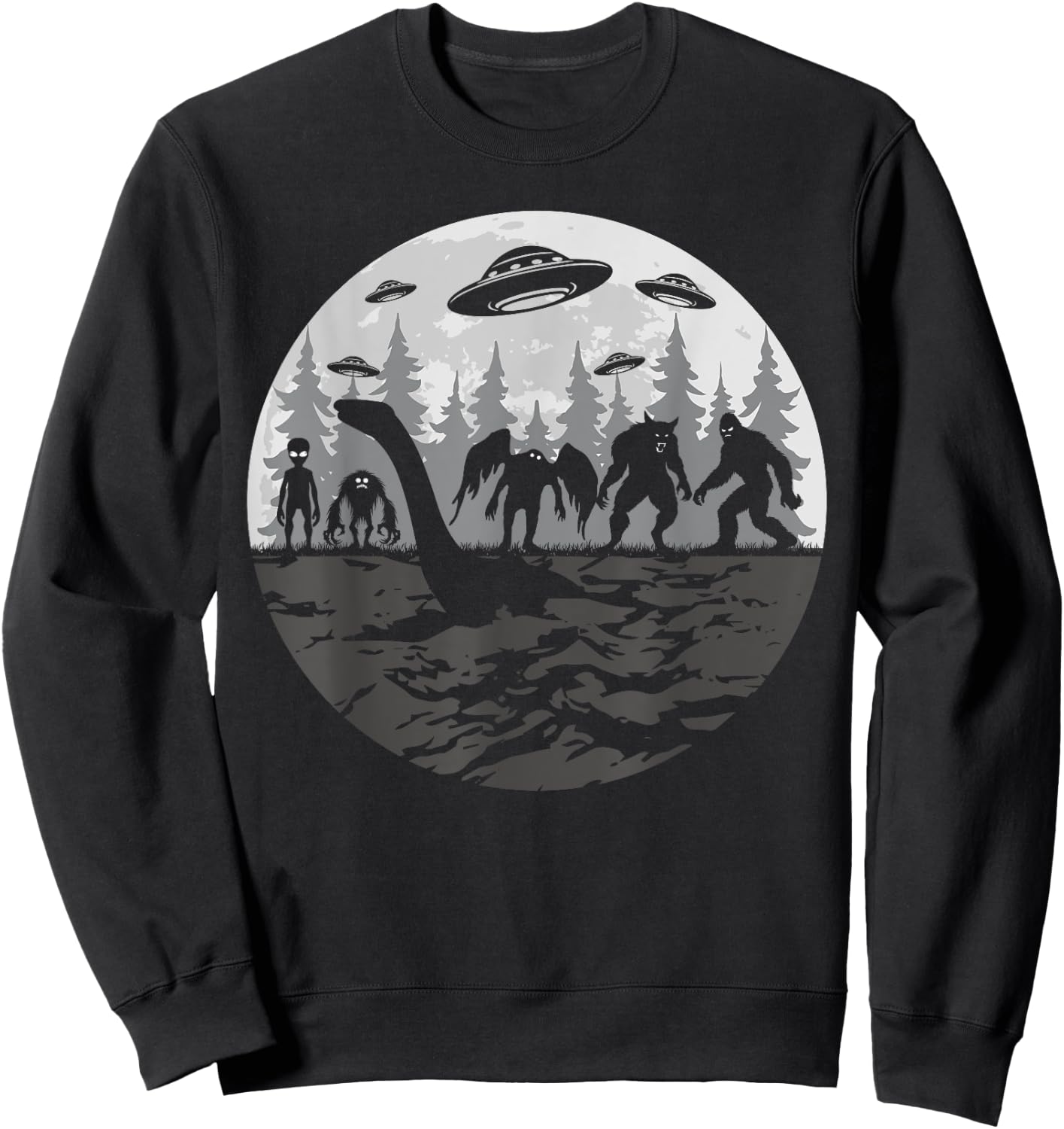 Bigfoot Loch Ness Monster With Mothman Aliens! Funny Cryptid Sweatshirt - Sweatshirt | Black
