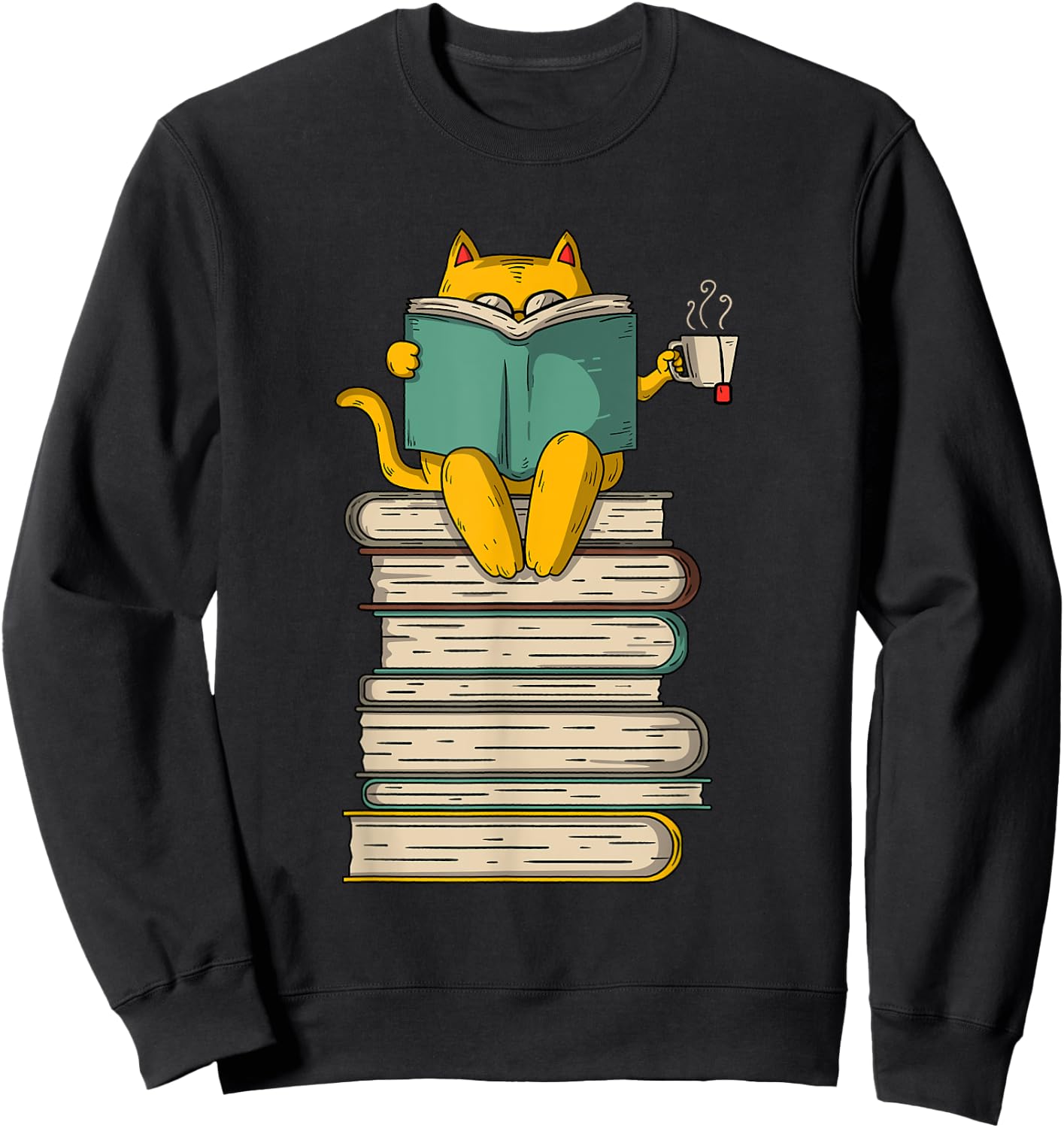 Reading Cat - Funny Book & Tea Lover Gift Short Sleeve Sweatshirt - Sweatshirt | Black