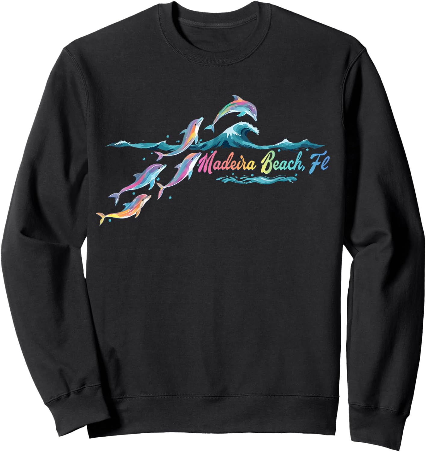 Madeira Beach Florida Colorful Dolphin Lover Beach Sweatshirt - Sweatshirt | Black