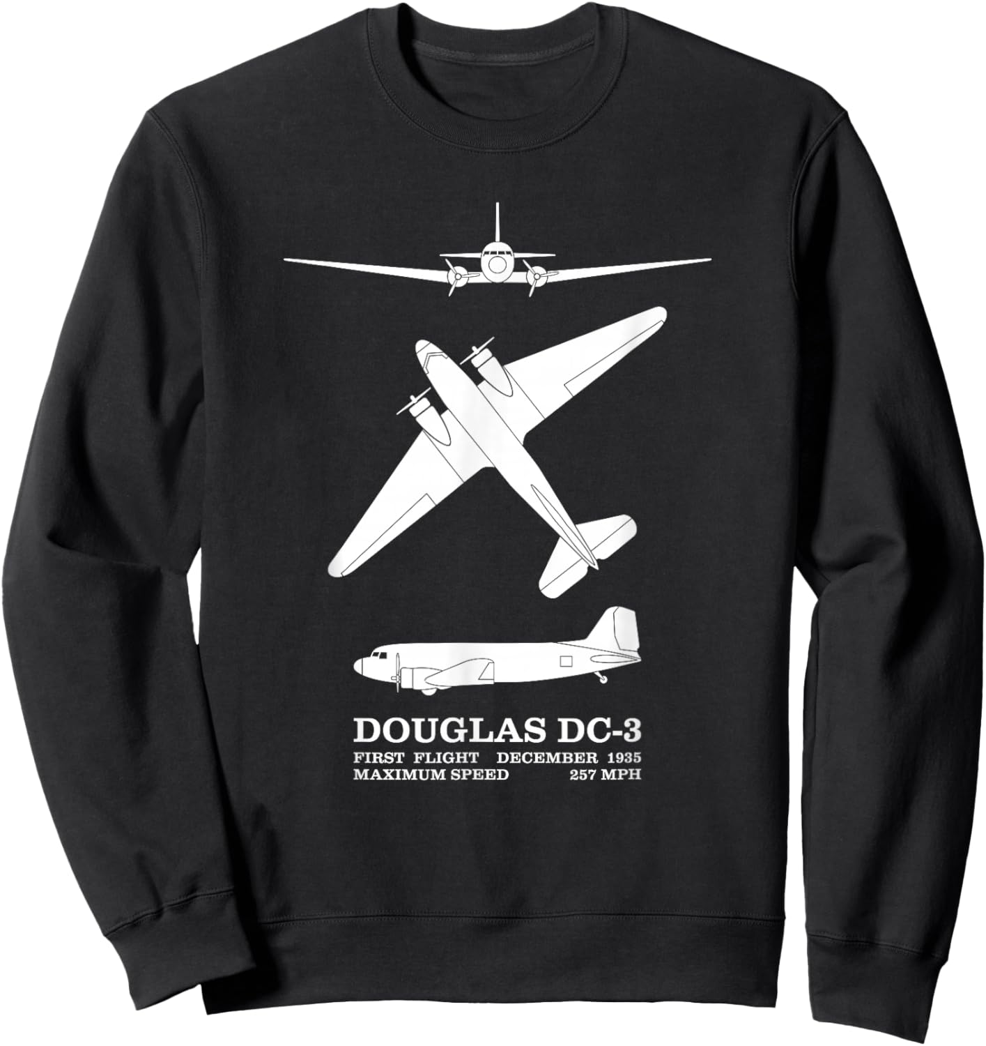 Douglas DC-3 WW2 Airliner Silhouettes Infographic Sweatshirt - Sweatshirt | Black