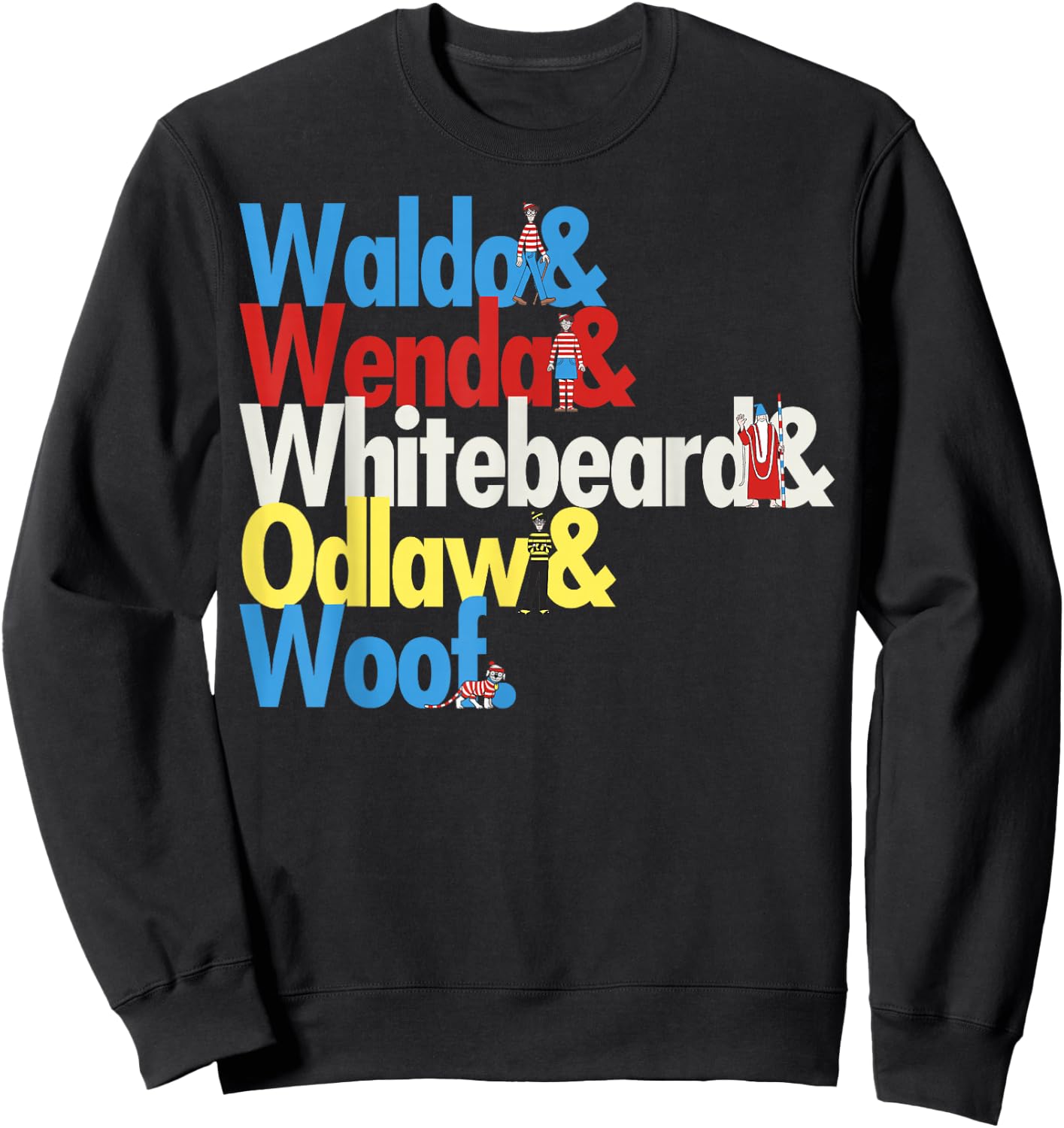 Where's Waldo Colorful Character Name Stack Graphic Sweatshirt - Sweatshirt | Black