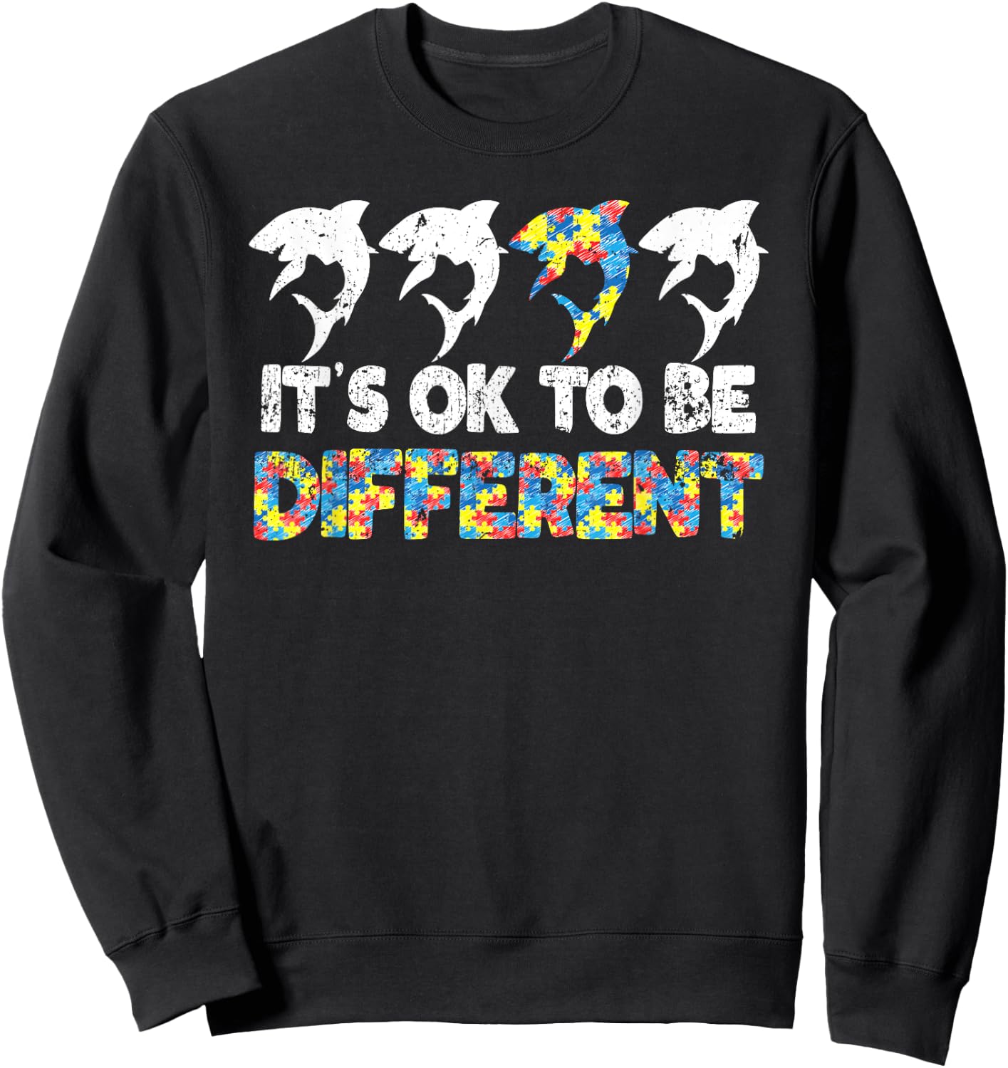 Autism Awareness SHARK Gift It's Ok To Be Different Puzzle Sweatshirt - Sweatshirt | Black
